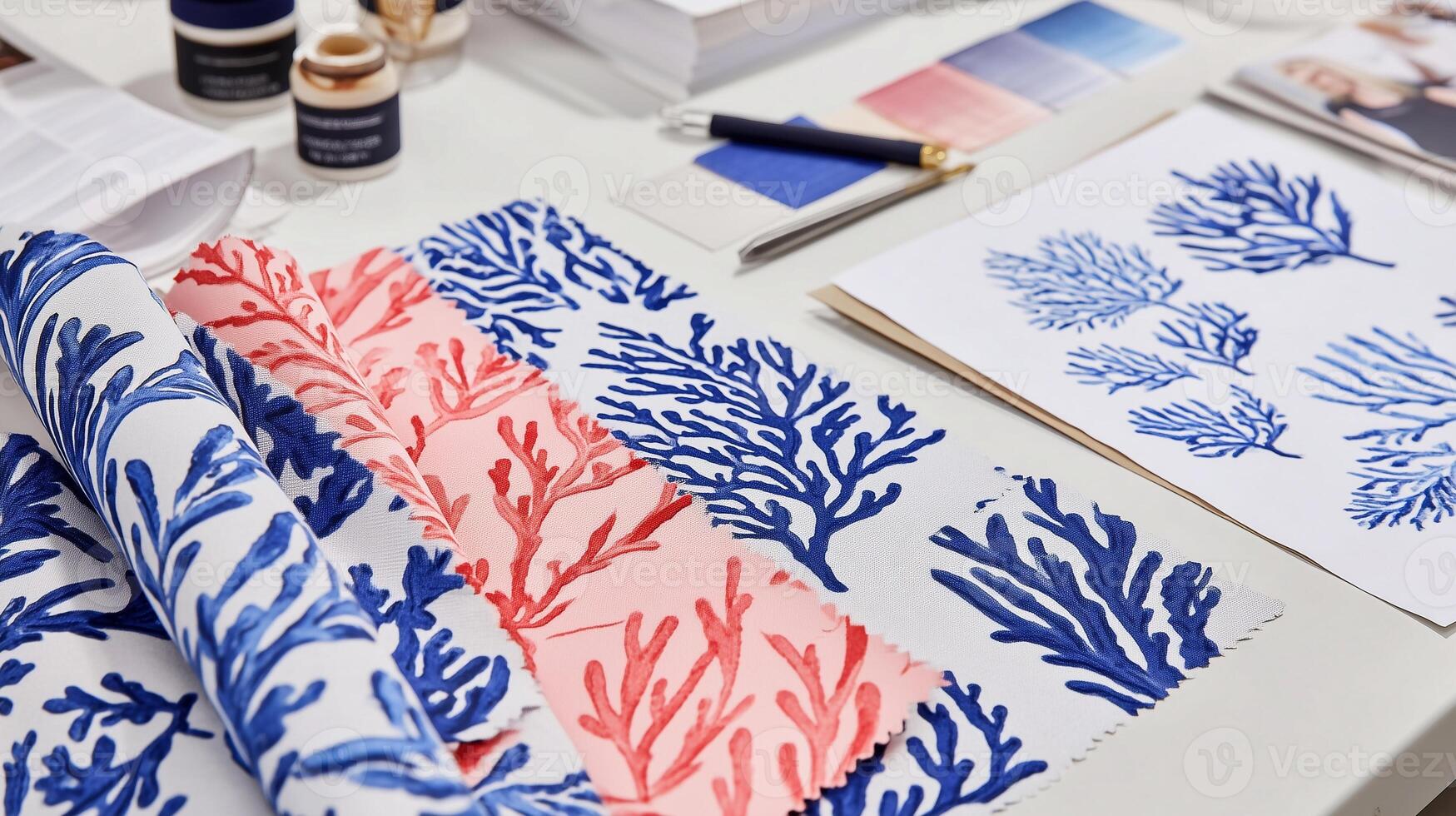 Coral pattern fabric swatches in vibrant blue and red hues, displayed with sketches and color samples. Perfect for textile design, fashion, and creative surface pattern projects. photo