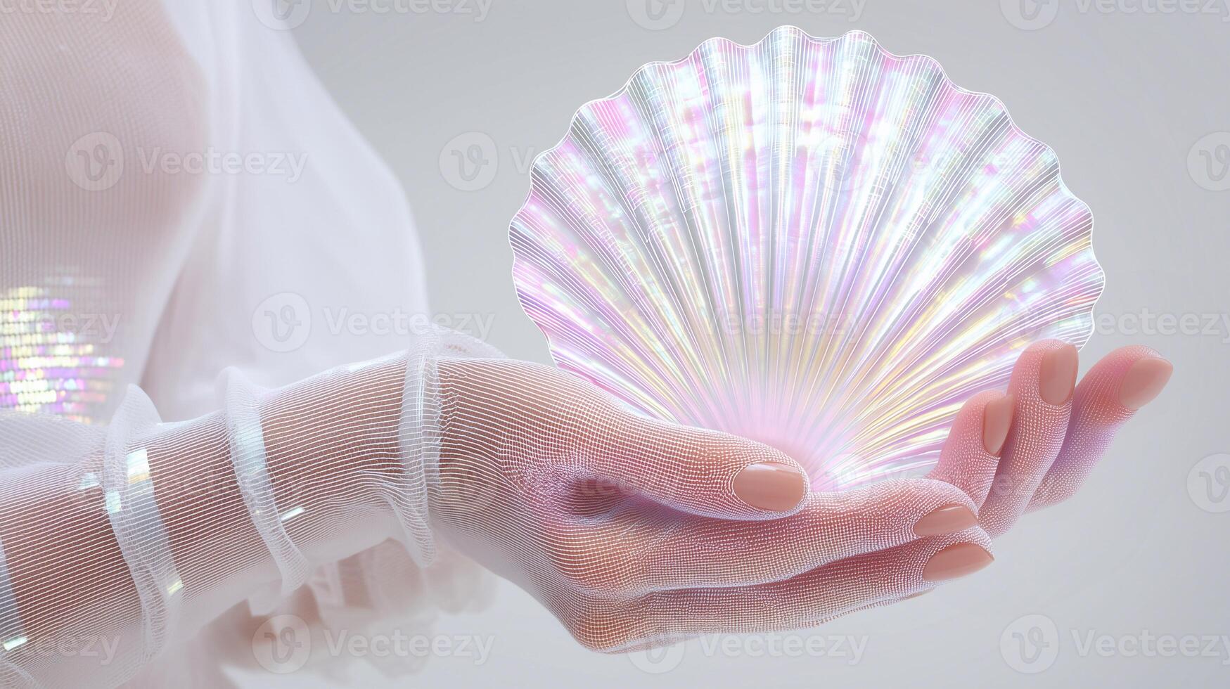 Futuristic hands holding iridescent seashell symbolizing skincare, manicure beauty, artificial skin development, and sci-fi aesthetics in regenerative biotechnology and pearl-inspired design. photo