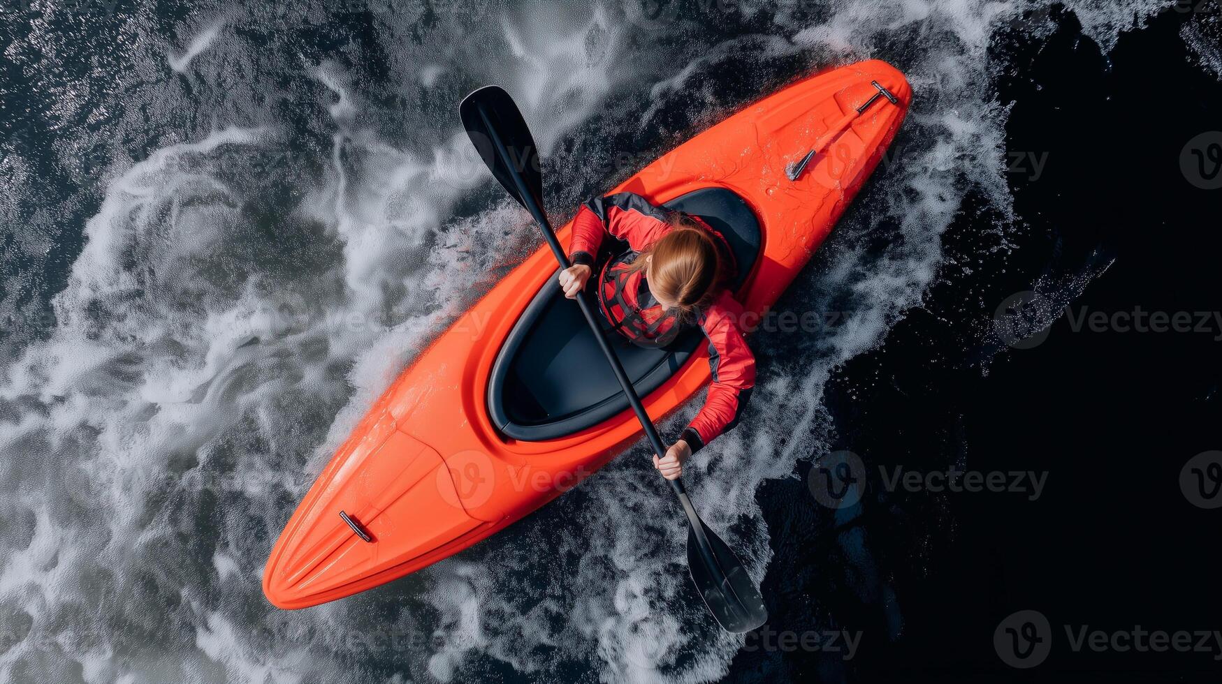 Top view of a woman kayaking in a wild river, red kayak slicing through dark water, powerful paddling, aerial perspective, dynamic outdoor action, adventure spirit, energy, freedom. photo