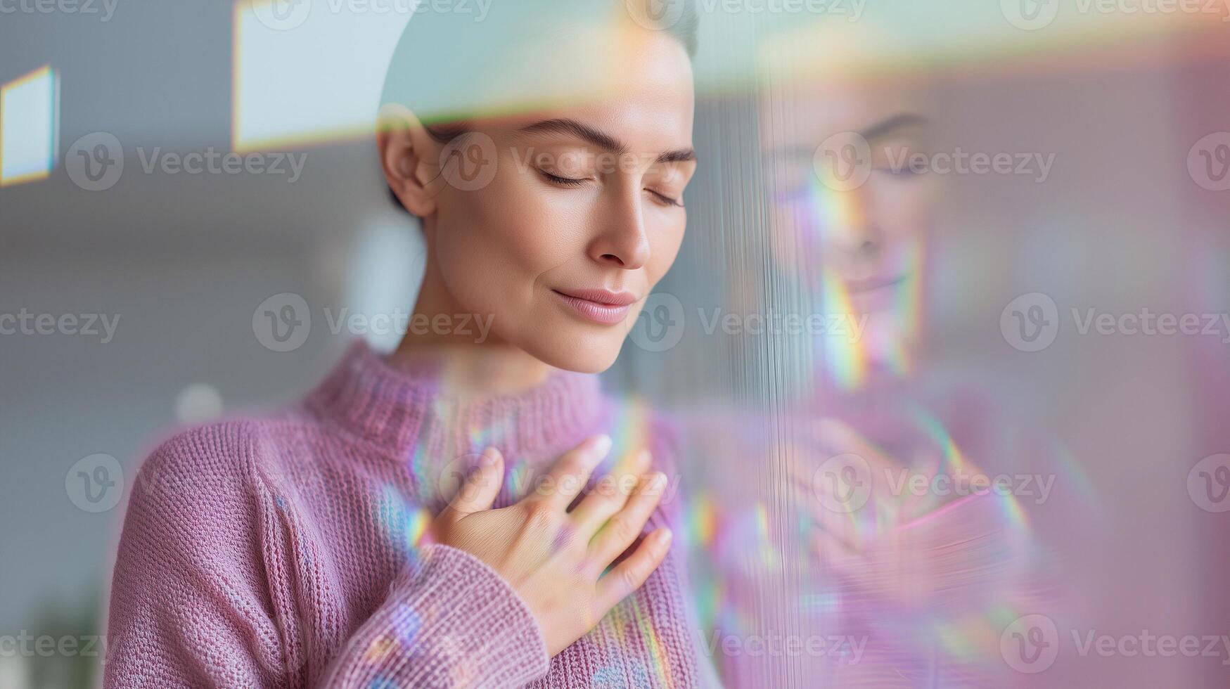 Peaceful woman with eyes closed touches her heart near soft mirror reflection. Calm aura, emotional clarity, balance and self-love. Concept of mindfulness, mental health and spiritual wellness. photo
