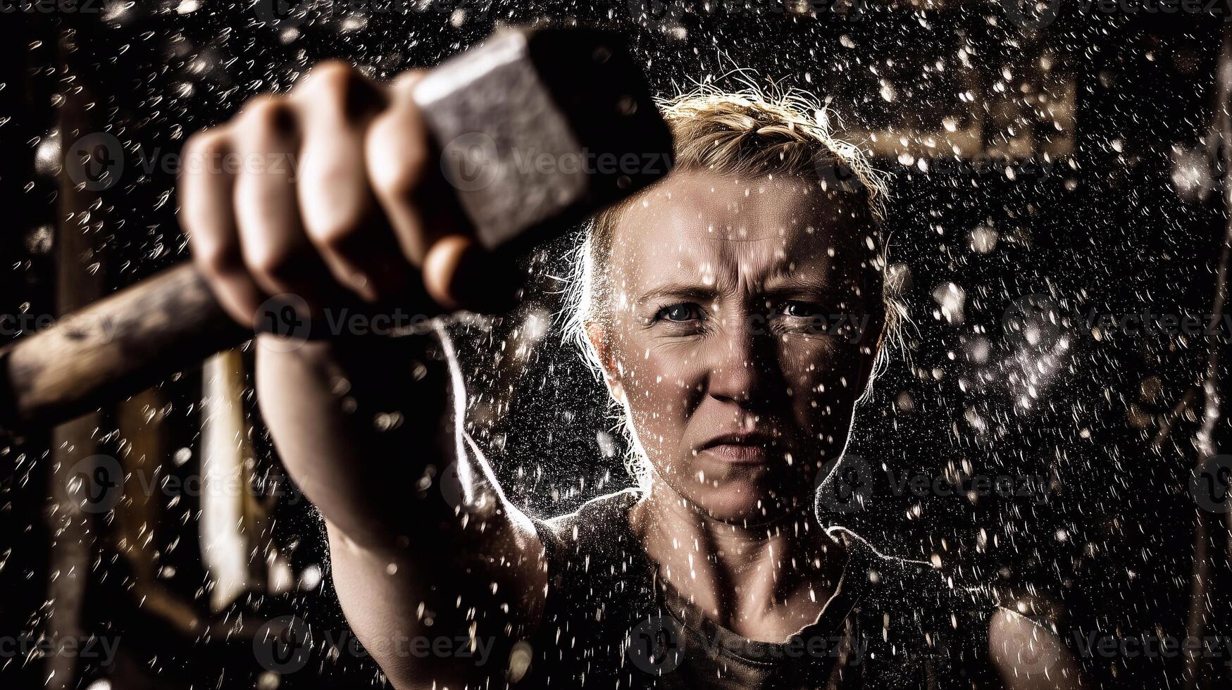 Strong female blacksmith in action, holding hammer, surrounded by sparks and sweat, symbolizing power, determination, and breaking gender roles in male-dominated professions. photo