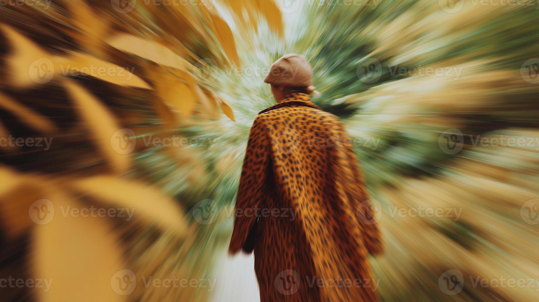 Woman walking in motion blur with psychedelic background, symbolizing disorientation, anxiety, mental journey, surreal perception, autumn mood, and dynamic visual effect. photo