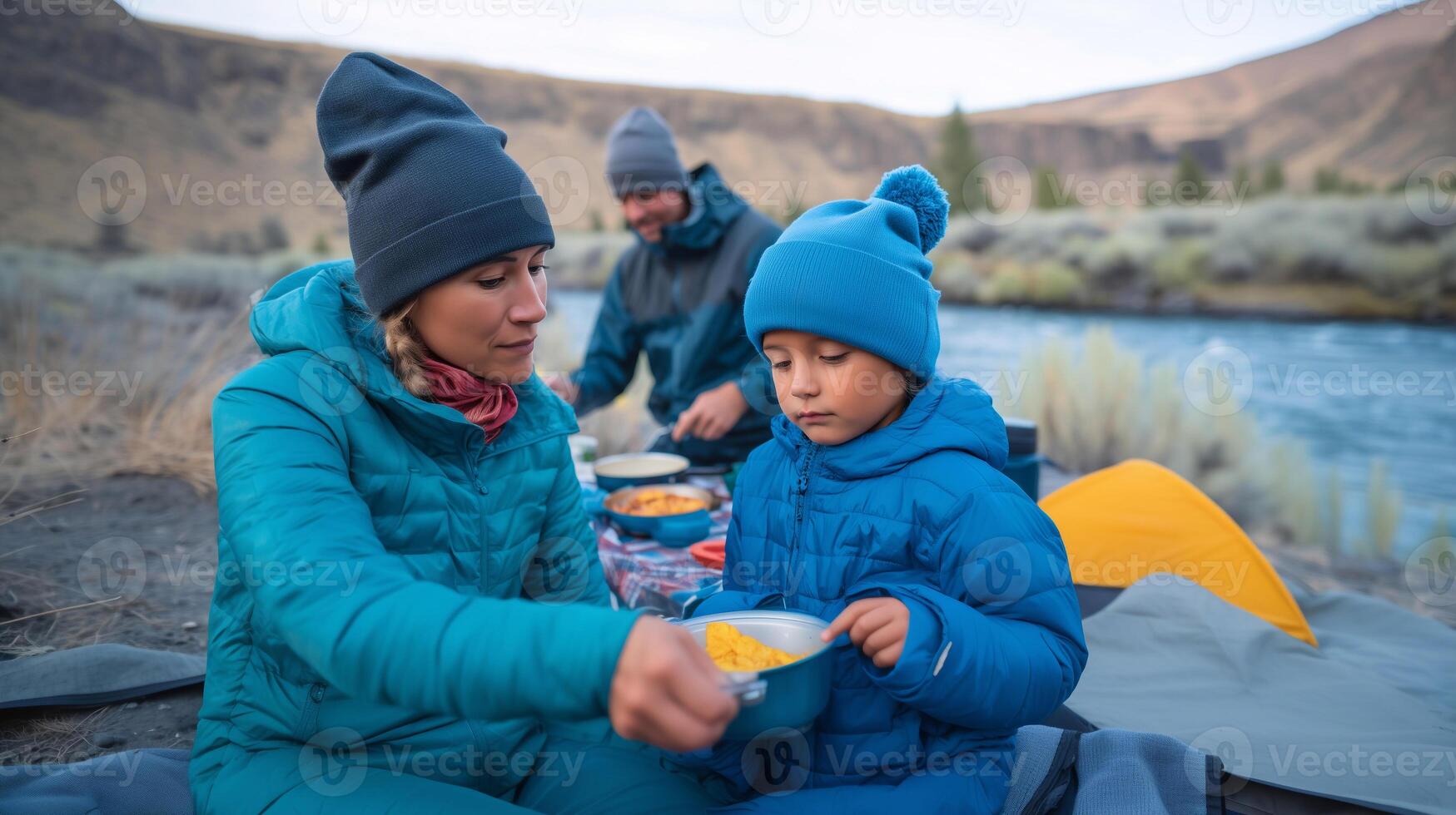 Family camping by river, adventure lifestyle, outdoor cooking, bonding in nature, wilderness meal, cozy winter camp, travel experience, scenic landscape, warm clothing, nature escape. photo