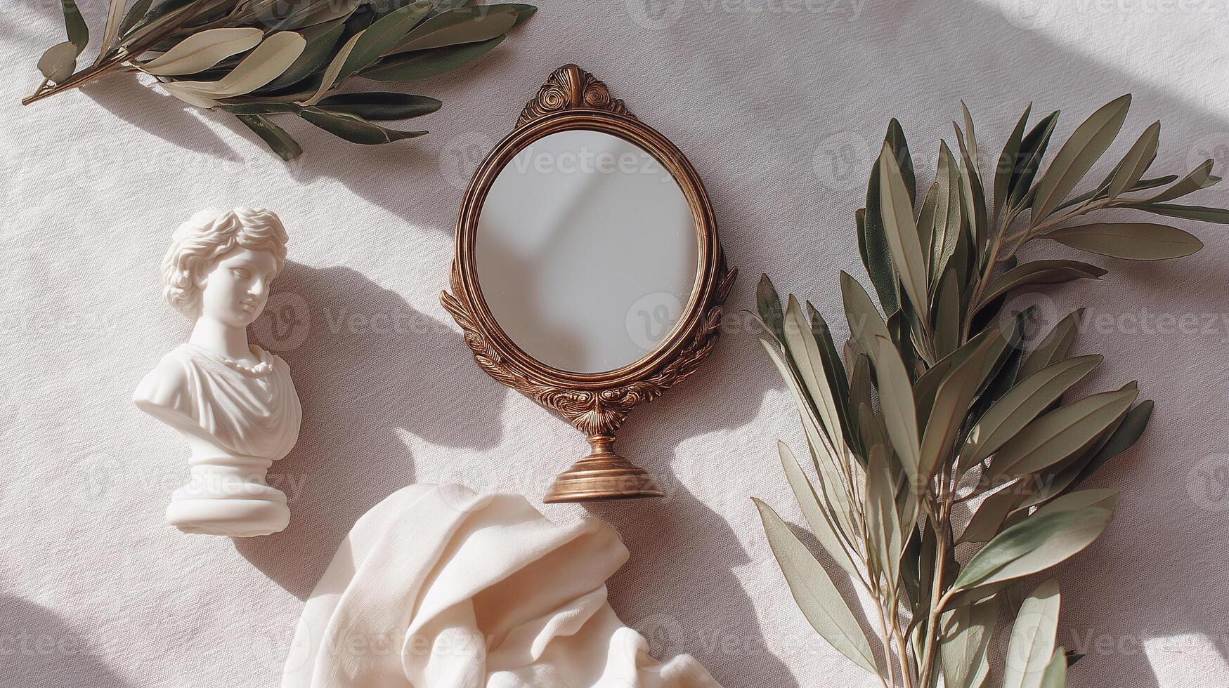 Flatlay with antique bronze mirror, white sculpture, olive branches and fabric on linen background in warm daylight. Aesthetic composition inspired by classical art and natural minimalism. photo