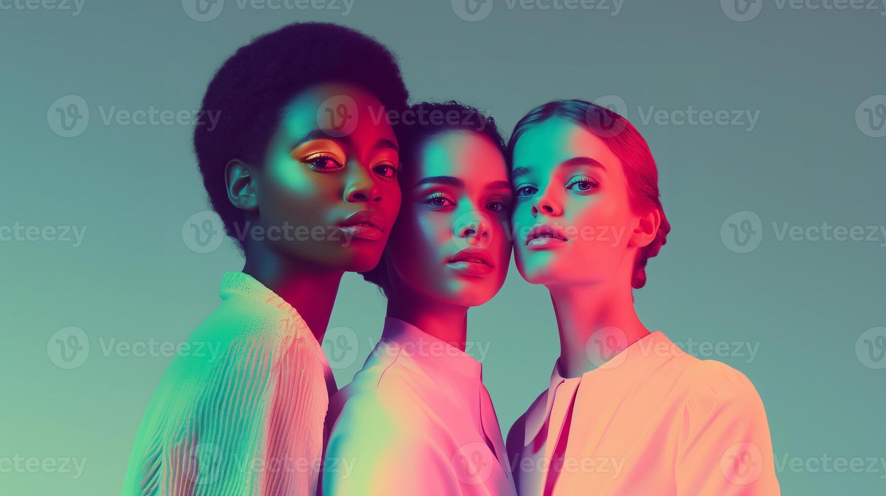 Empowered beauty in vibrant aura colors. Three diverse women with bold makeup celebrate feminine strength, confidence, and inclusive beauty through radiant expression and individuality. photo