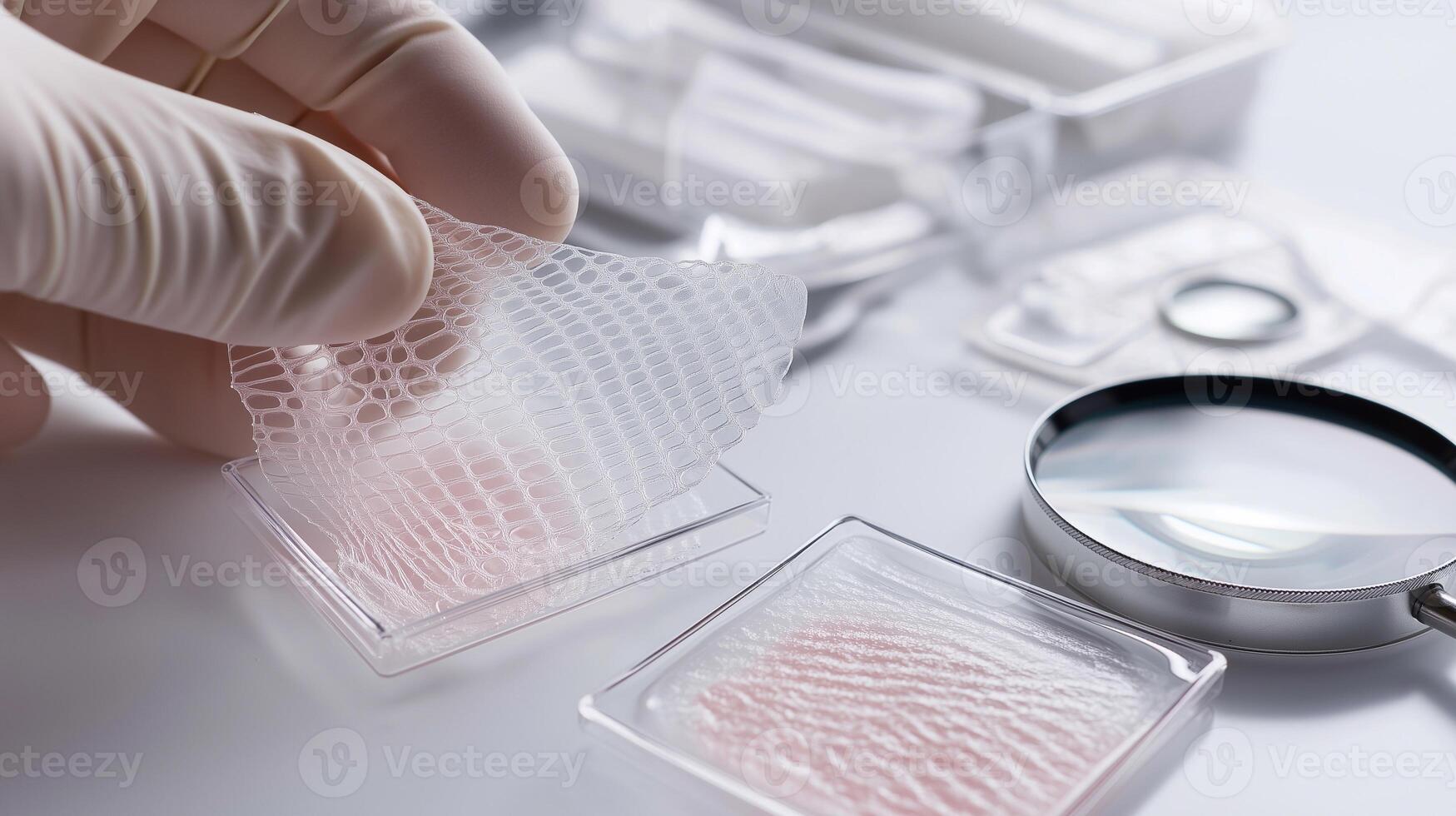 Synthetic skin sample for transplantation held by gloved hand in lab. Innovative biomedical research and tissue engineering for regenerative medicine and human skin graft technology. photo