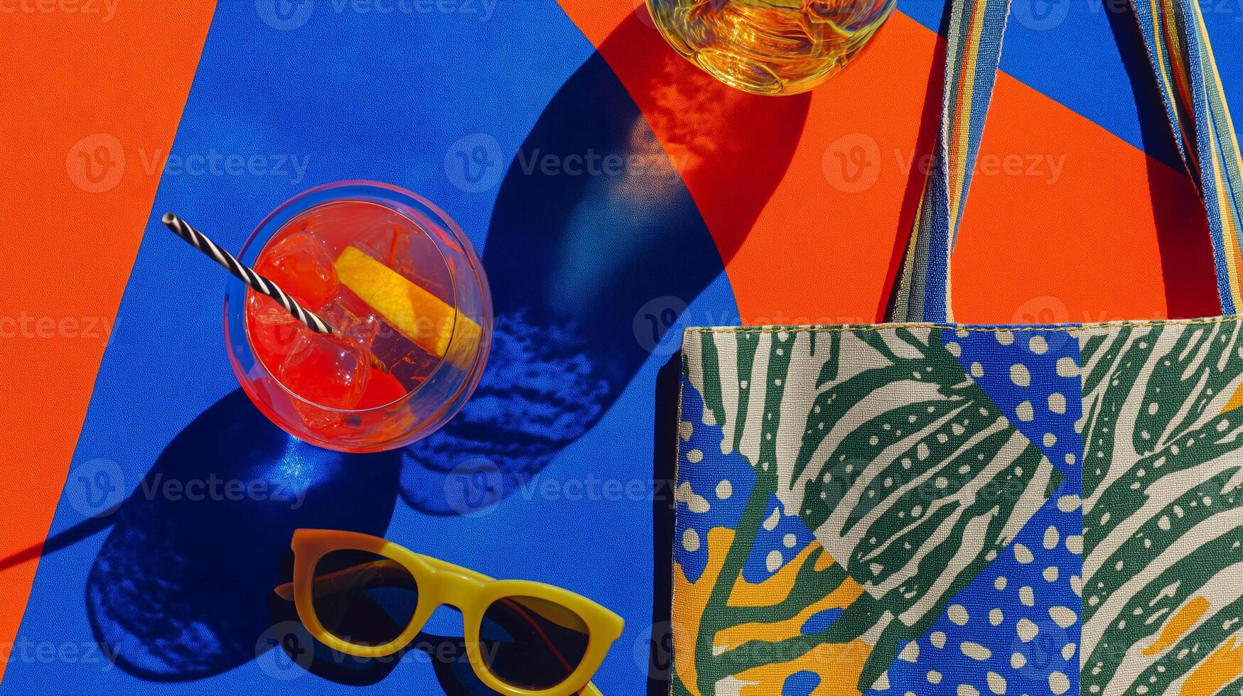 Vibrant summer scene with cocktail, sunglasses, and patterned bag on a bold abstract background. Playful, stylish, and full of youthful energy and vacation vibes. photo