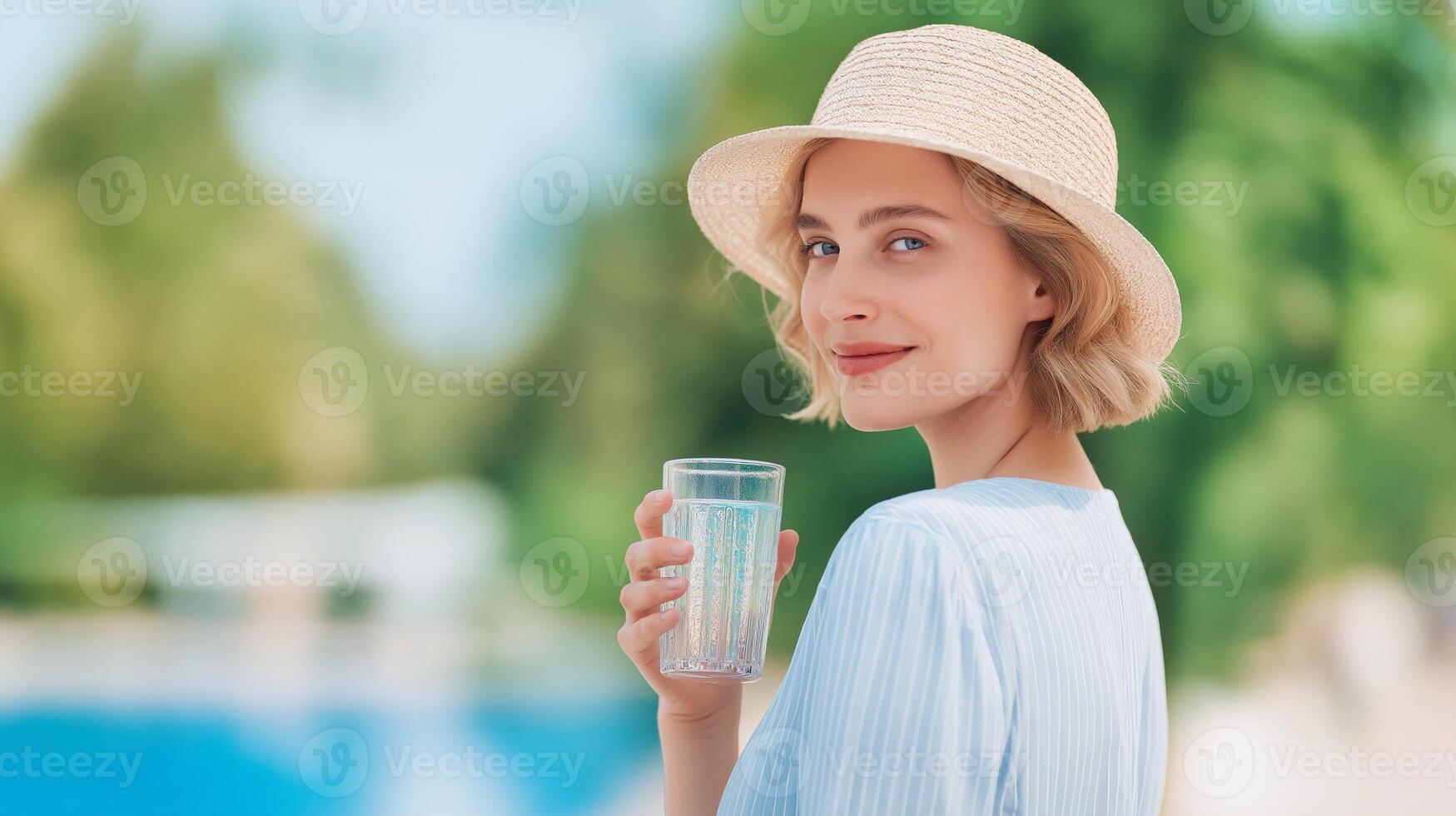 Young woman in summer hat drinking water outdoors. Hydration, health, skin care, heat protection, refreshing wellness routine on a hot sunny day. photo