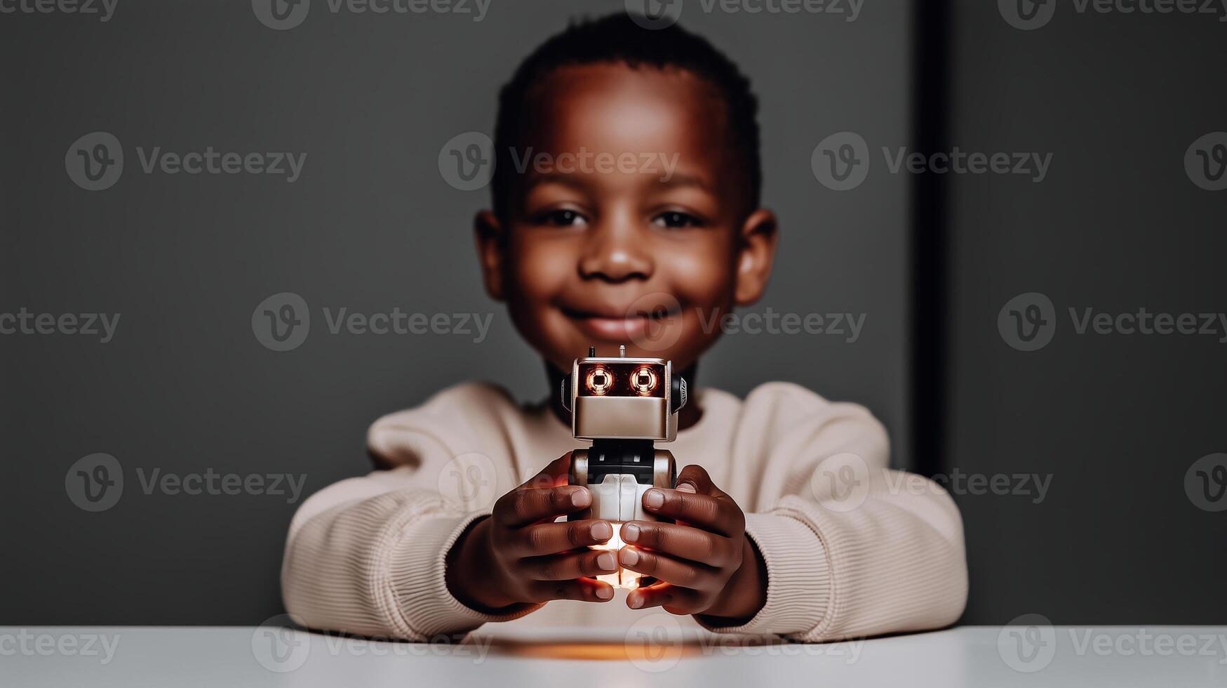 Smiling child proudly holding a small robot toy, symbolizing early interest in technology, innovation, and robotics. Warm, modern indoor setting emphasizing curiosity and creativity. photo