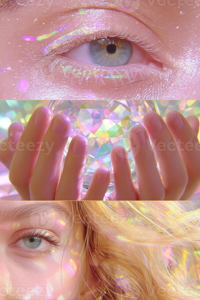 Dreamy holographic collage with sparkling eyes, soft hands holding a crystal, and glowing reflections. Youthful summer vibe, mental wellness and fantasy aesthetic with mermaid-inspired tones. photo