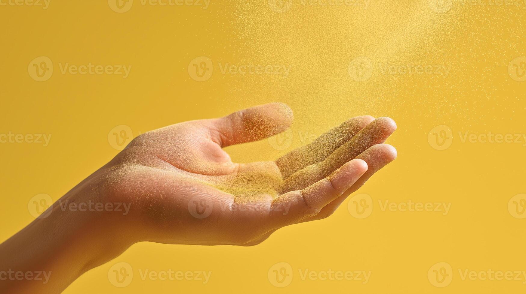 Open hand catching airborne yellow pollen on vibrant background. Concept of seasonal allergies, sensitivity, childhood health risks, and prevention of allergic reactions and asthma. photo