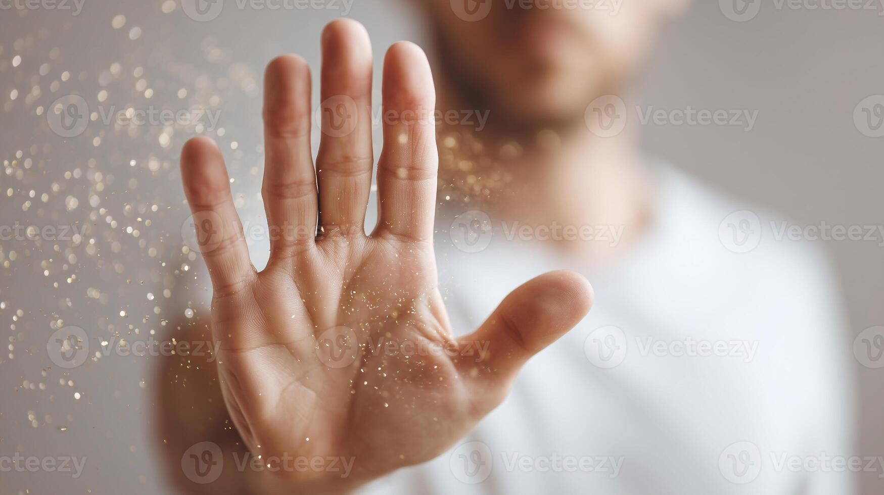 Raised hand signaling stop against floating particles. Symbol of allergy defense, pollen season, air protection, and health awareness during respiratory sensitivity. photo