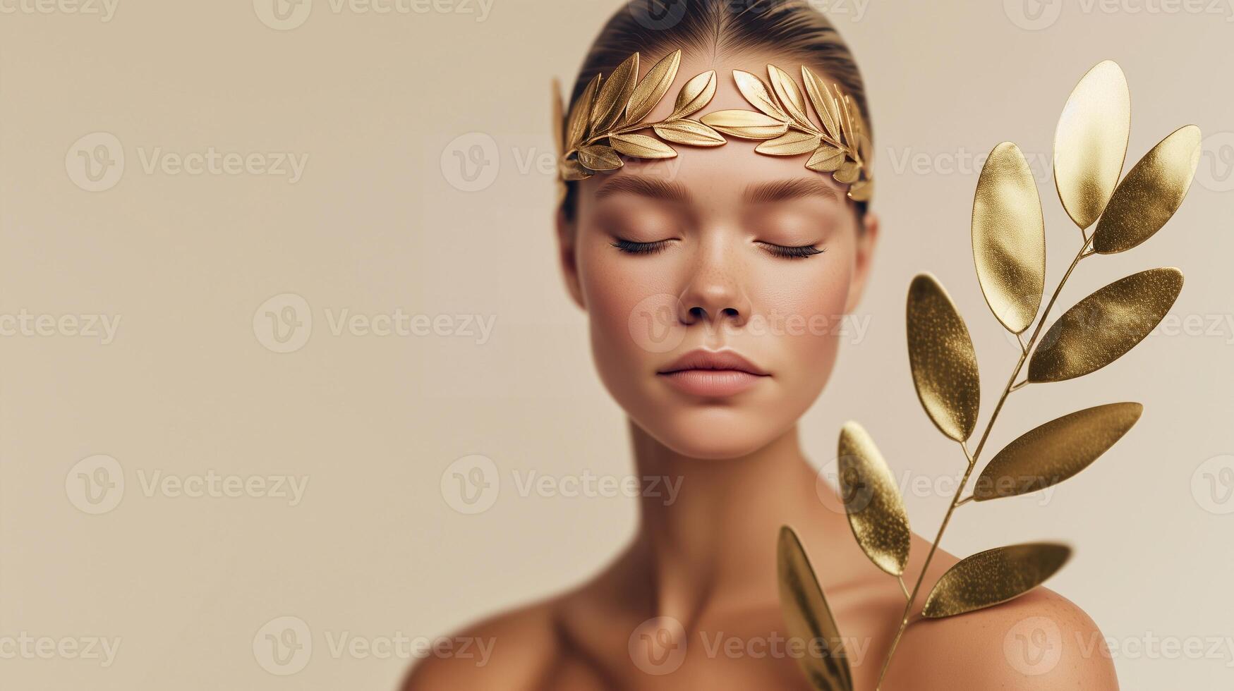 Elegant woman with golden laurel crown in ancient Greek aesthetic. Ideal skin, serene expression. Perfect for skincare, spa, beauty, Olympian goddess, and luxury wellness themes. photo