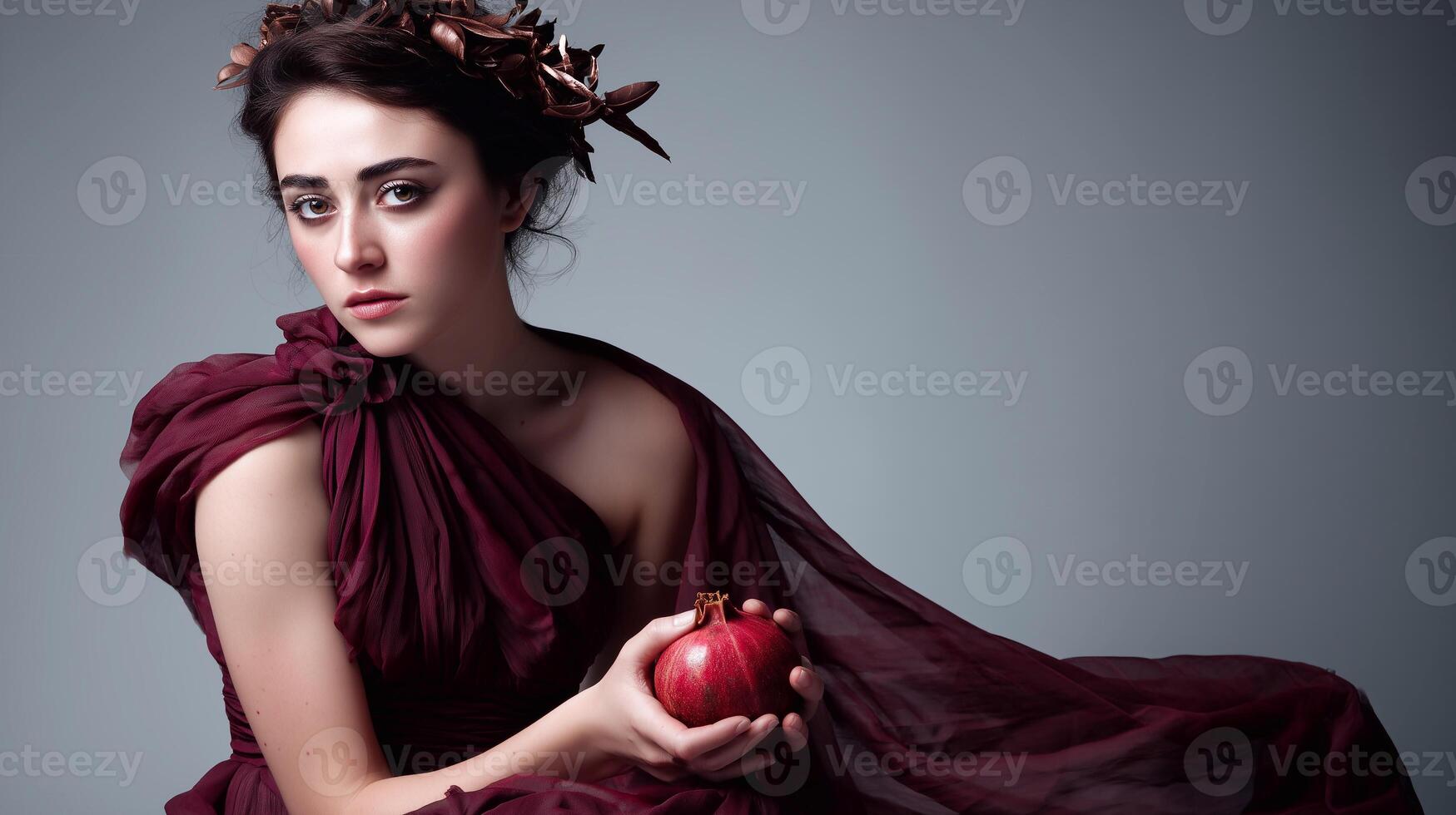 Modern Persephone with sorrowful eyes holding a pomegranate. Aestheticized pain, psychosomatic tension, metaphysical fatigue, inner withdrawal, ancient elegance and mythic symbolism. photo