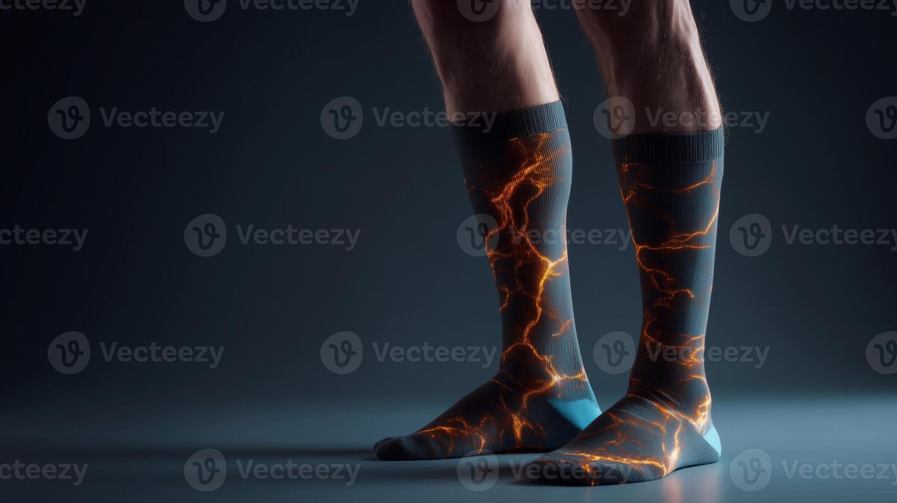 Futuristic compression socks on male legs showing glowing nerve pain. Concept for varicose veins, tired legs, swelling relief, and advanced circulation therapy with electric impulse design. photo
