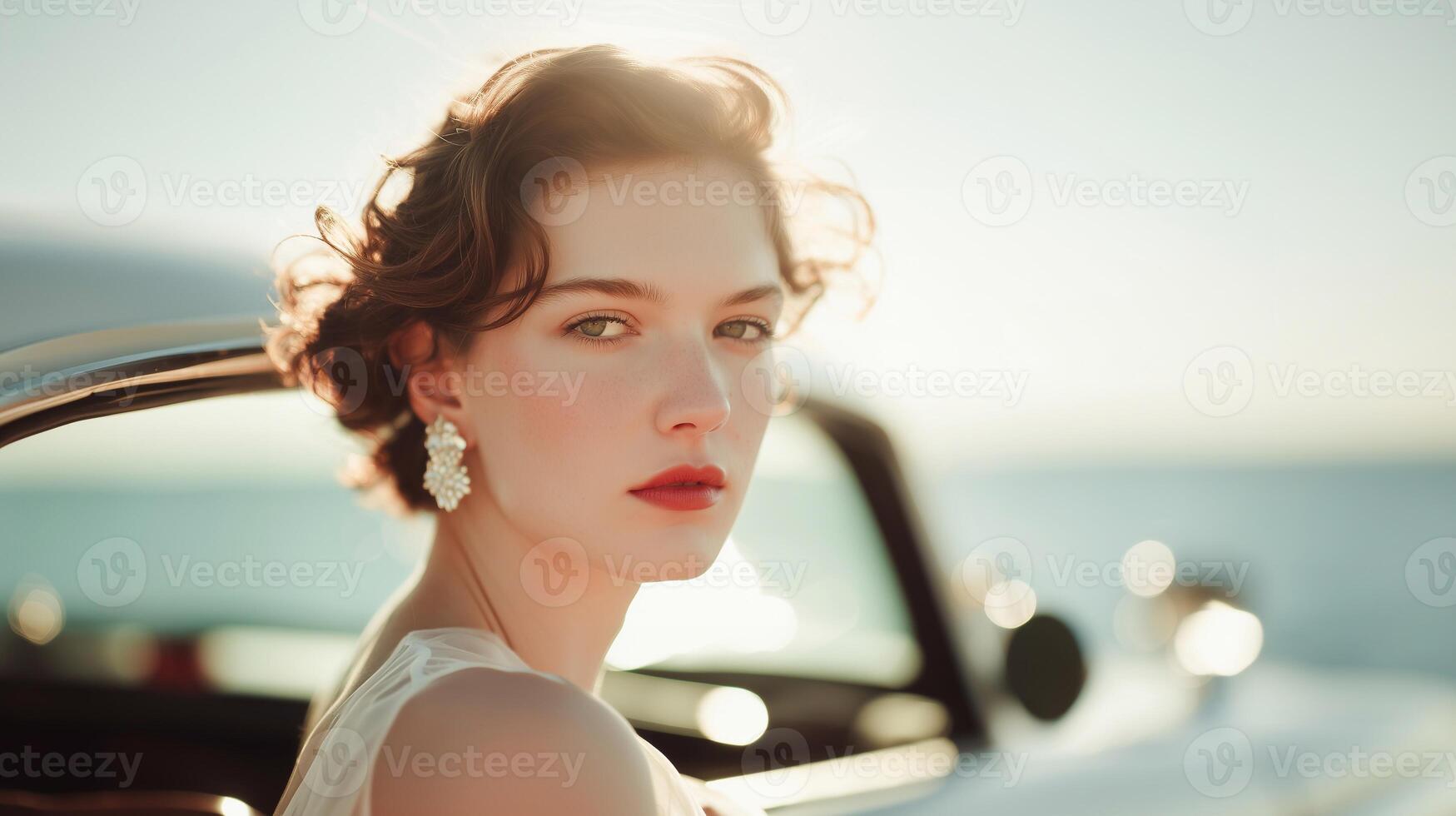 Elegant young woman with pearl earrings and red lips leaning on car by the sea. Retro summer vibe with soft light, vintage aesthetic, and youthful sophistication. photo