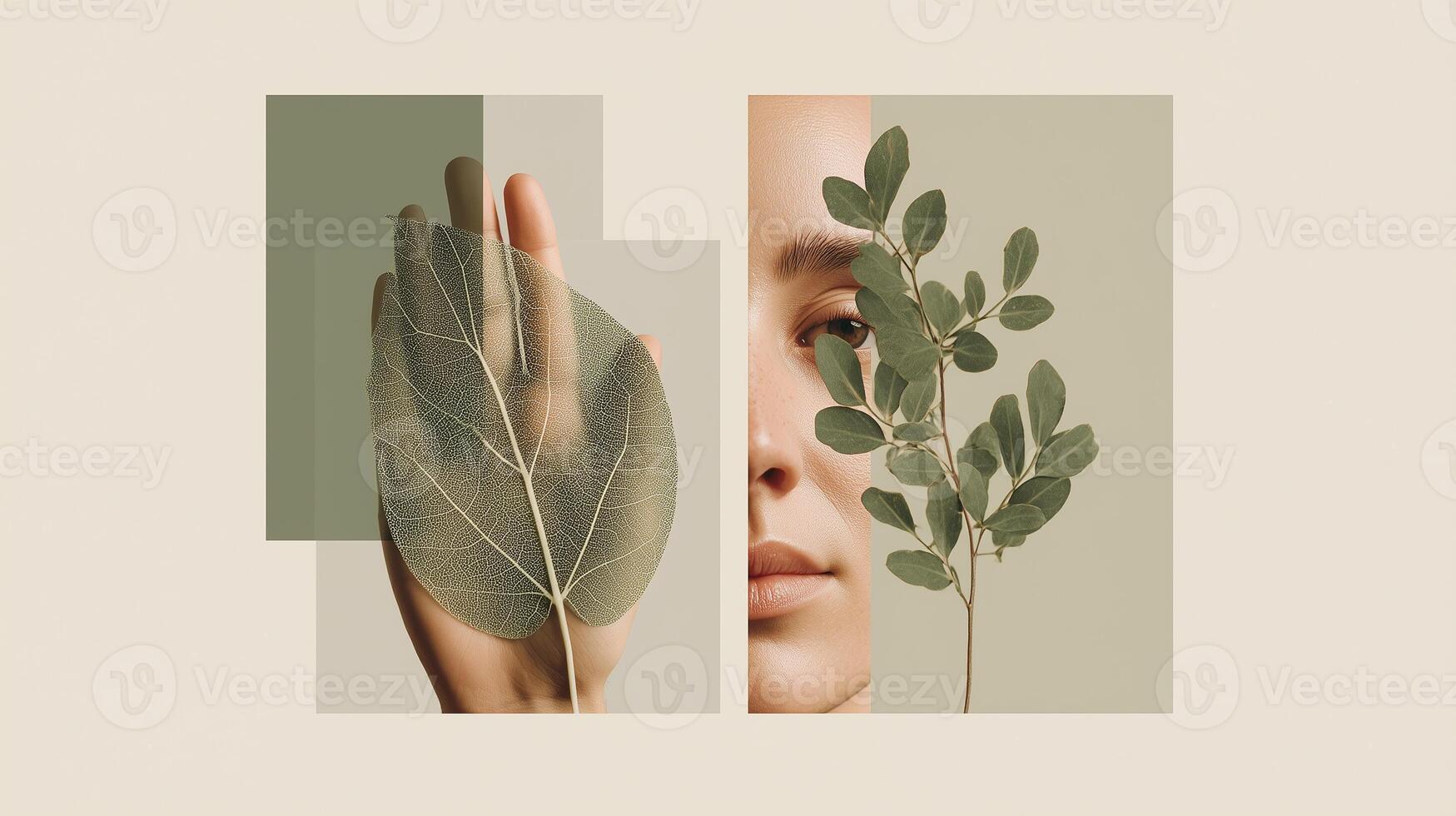 Minimalist collage showing a close-up of a woman's face and hand with green leaves, symbolizing harmony with nature, inner balance, sustainability, and the connection between humans and the earth. photo