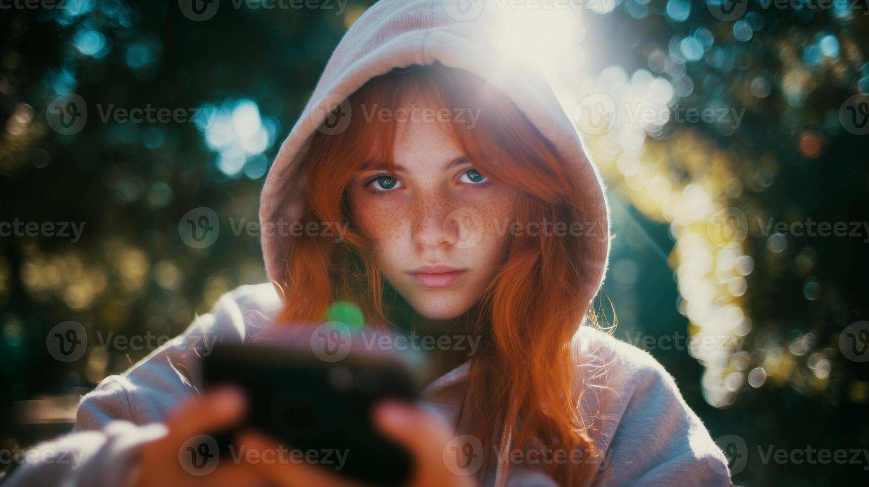 Teen girl with red hair and freckles in hoodie using smartphone outdoors. Concept of youth, gadget addiction, online safety, and digital generation. photo