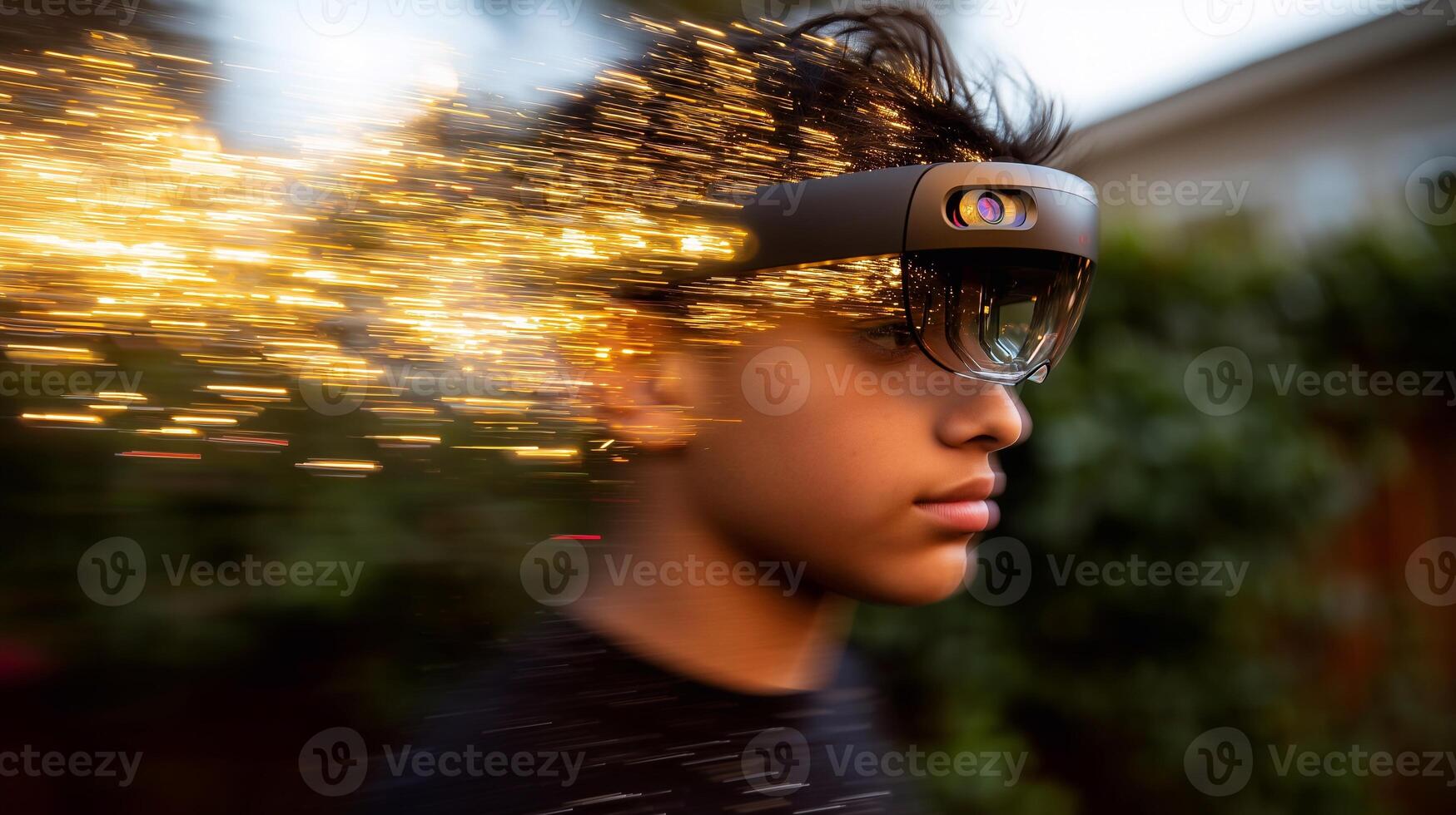 Teenager wearing augmented reality headset with glowing light trails, symbolizing innovation, speed, and immersive future technology in a dynamic outdoor environment. photo