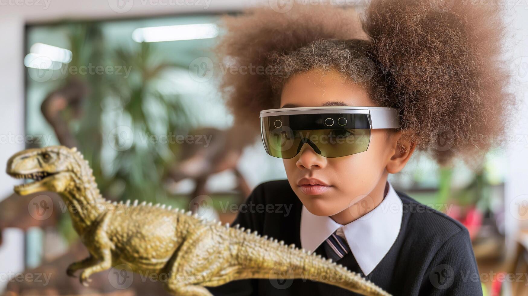 Curious schoolgirl with afro puffs wearing augmented reality headset explores a dinosaur model in a modern classroom, blending education with immersive VR learning technology. photo