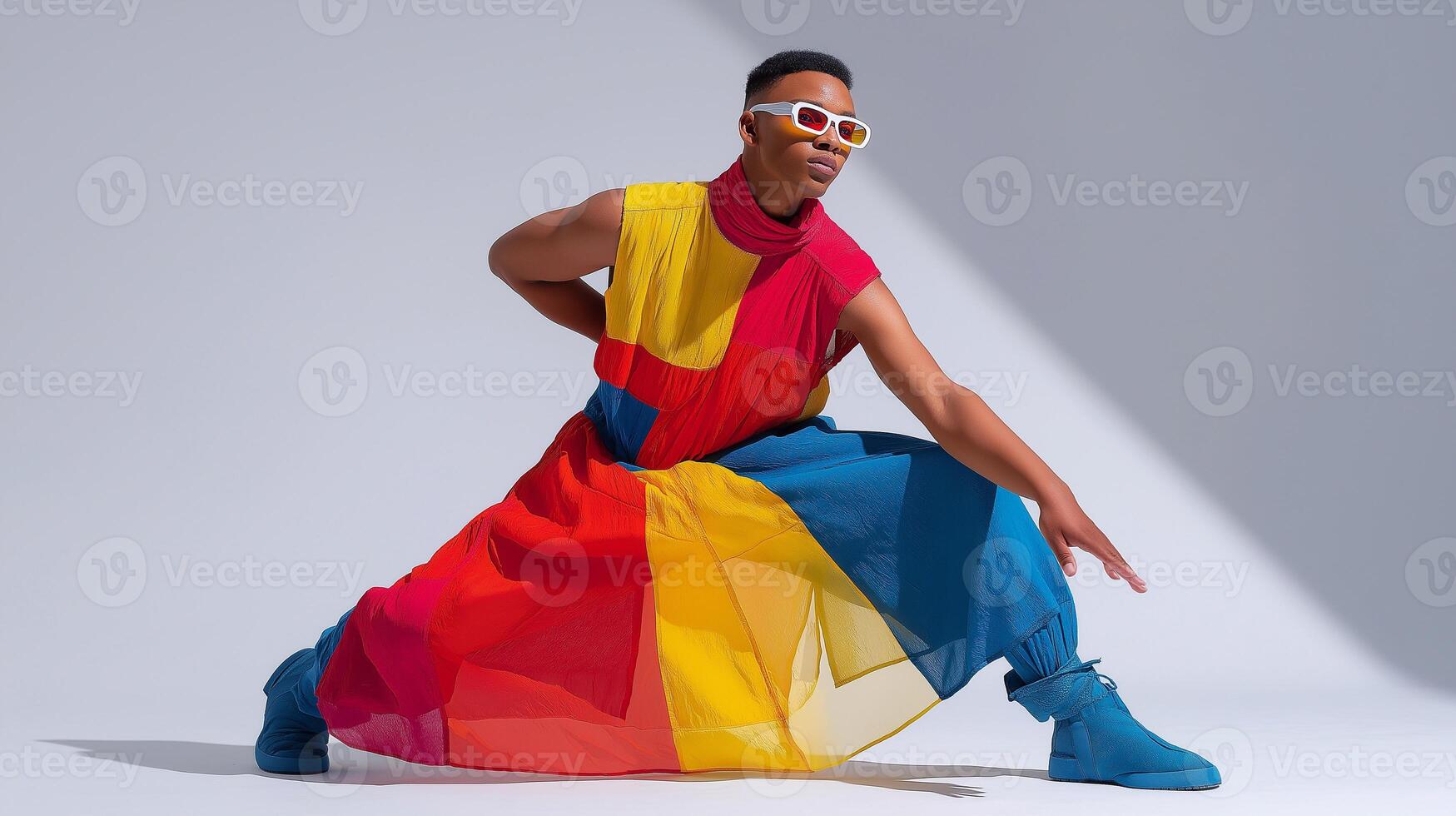 Dynamic fashion portrait of a non-binary model in bold red, yellow, and blue outfit, striking a powerful pose under dramatic lighting. Celebrating identity, style, and creative expression. photo
