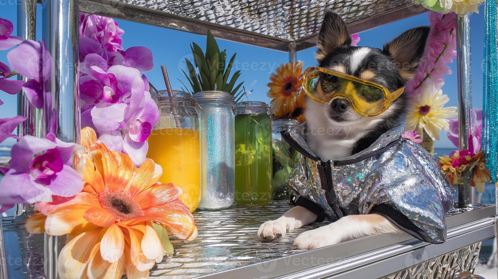 Trendy chihuahua in holographic outfit and sunglasses surrounded by tropical drinks and flowers - perfect mix of summer, mermaidcore, and youth fashion branding. photo