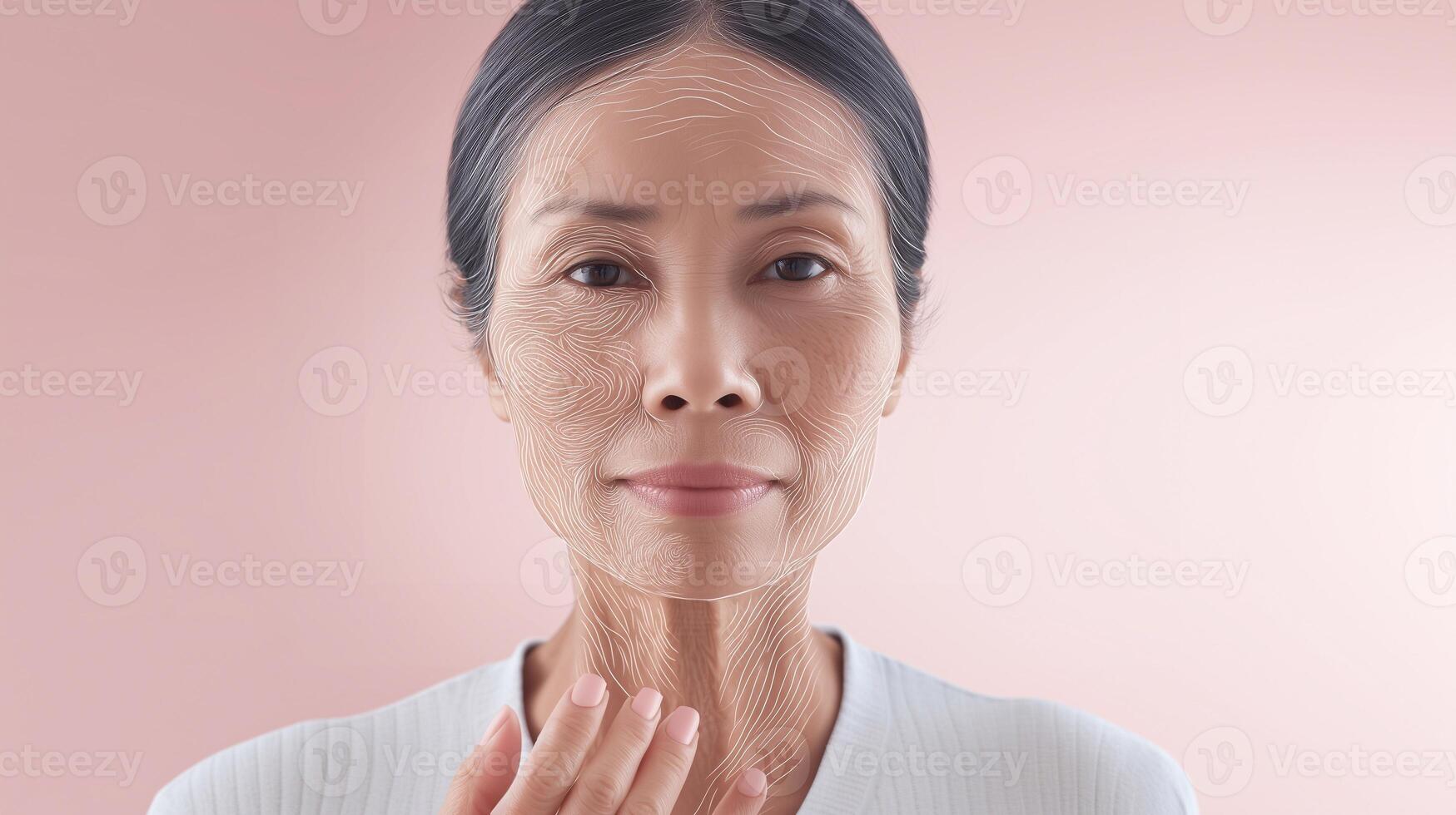 Elderly Asian woman with visual skin mapping lines, illustrating skin rejuvenation, anti-aging, and futuristic dermatology technology on a soft pink background. photo