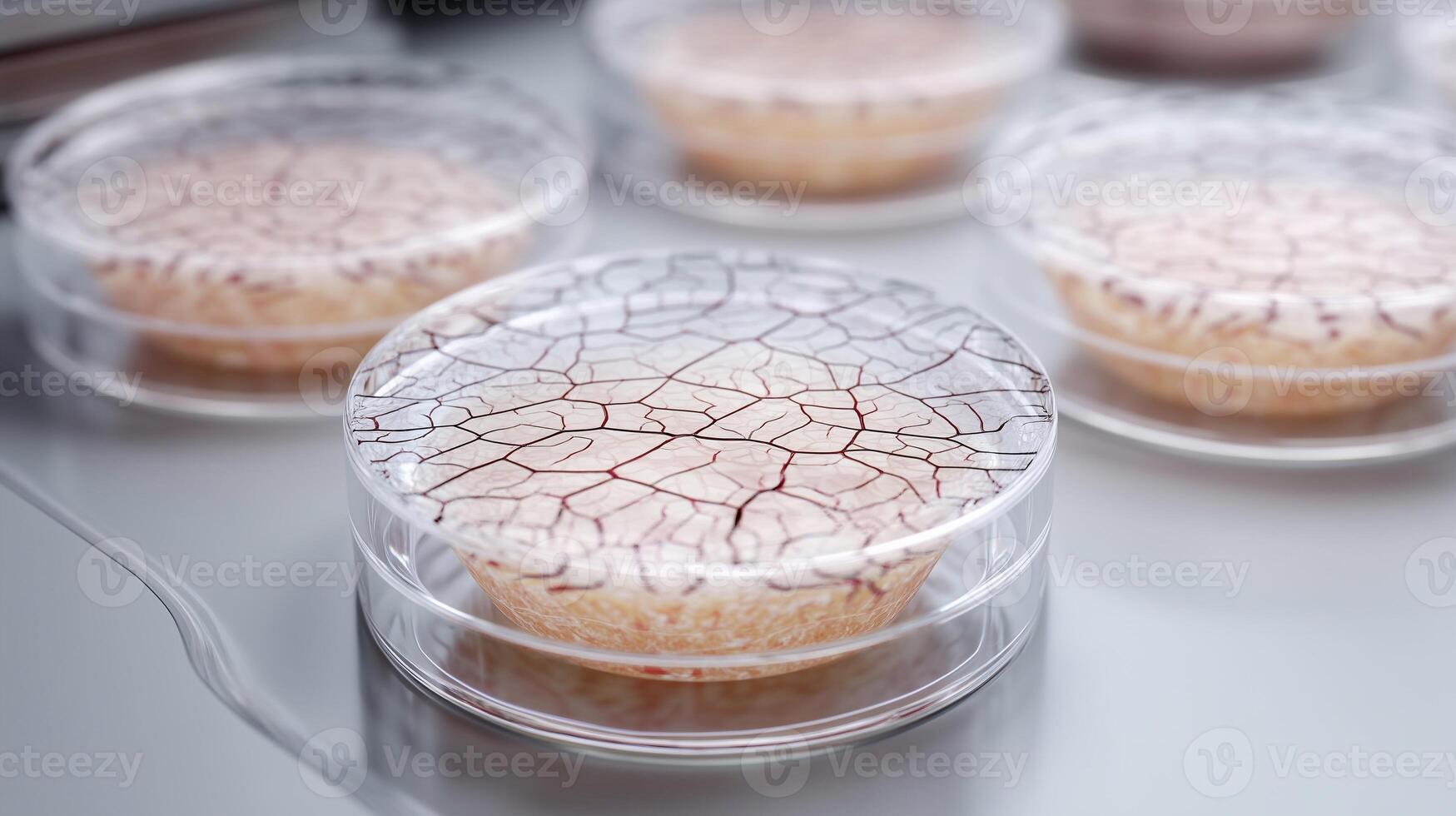 Artificial skin tissue cultivated in petri dish, bioengineering for medical transplant, close-up of synthetic epidermis with vascular-like texture in laboratory environment. photo