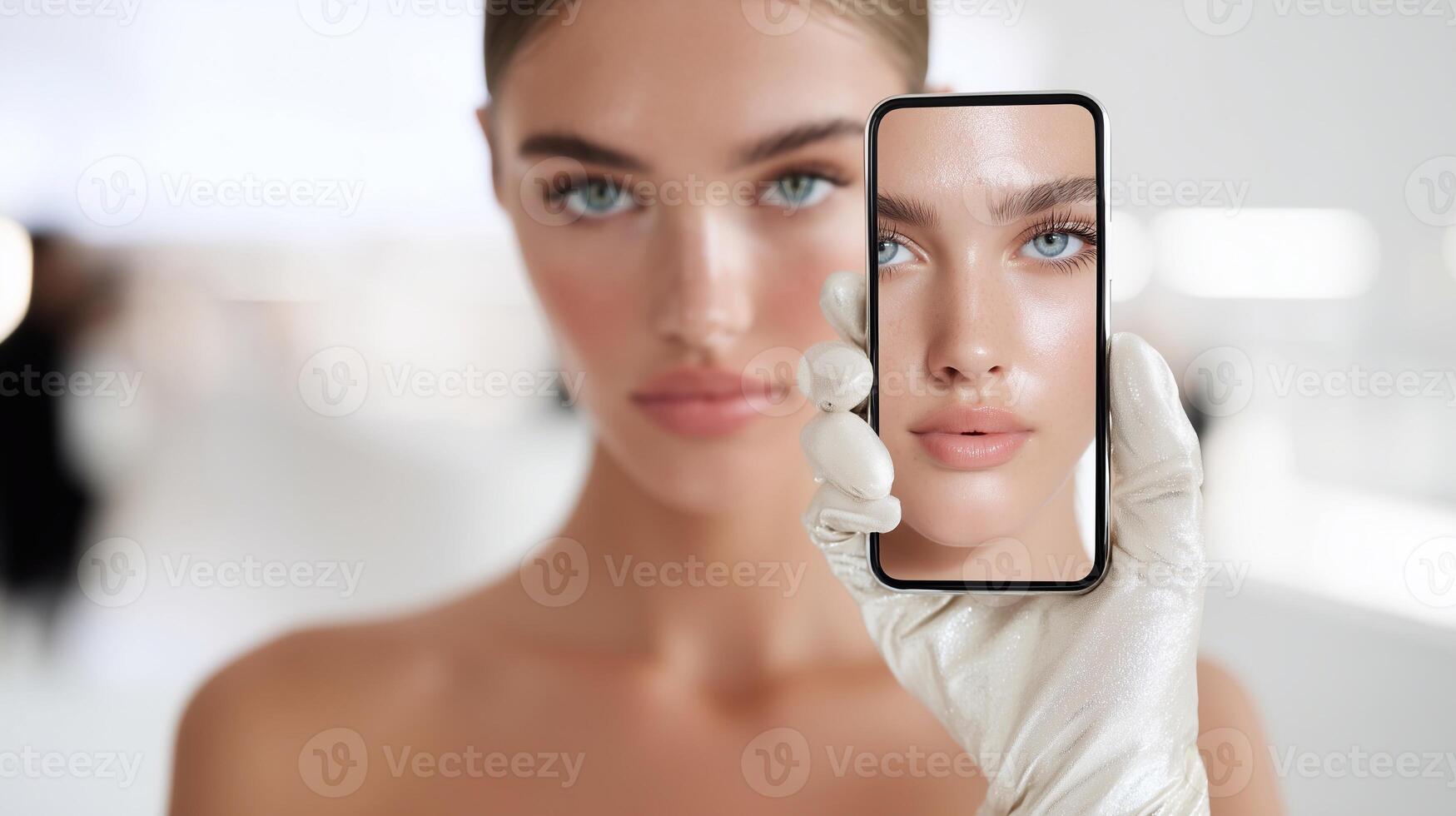 Beauty AI tool analyzing female face through smartphone, futuristic skincare technology, digital diagnostics, innovation in cosmetic industry, perfect skin simulation, high-tech wellness. photo