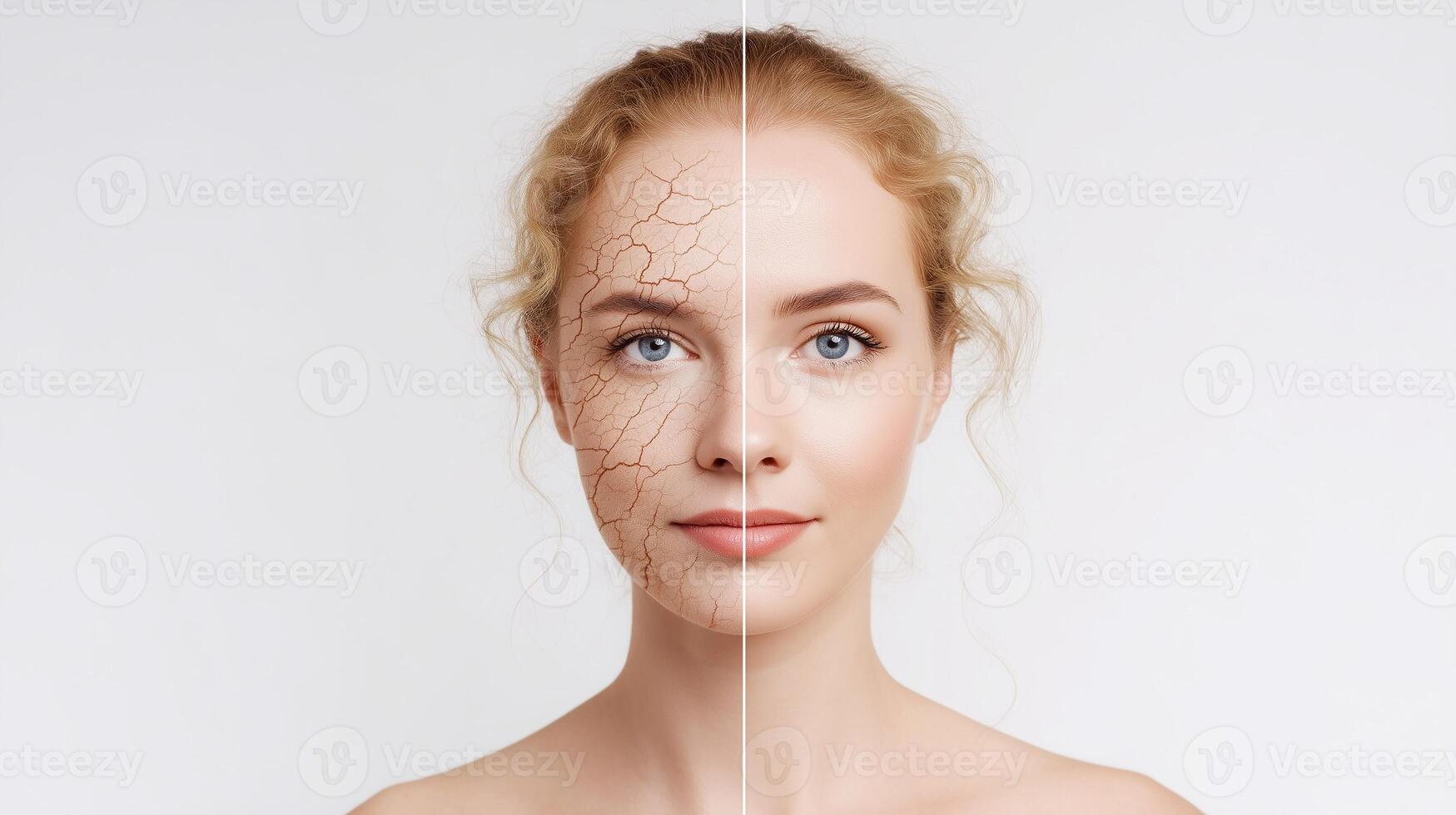 Split portrait of woman showing dry and hydrated skin, concept of skincare, facial treatment, dehydration, and moisturizing effect, before and after result, skin recovery. photo