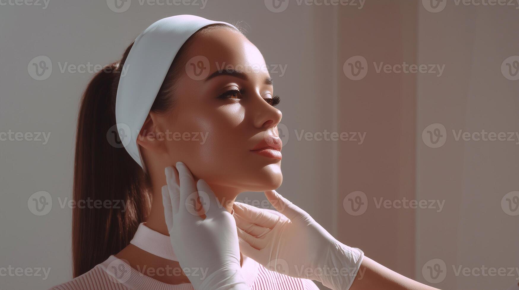 Young woman undergoing dermatology consultation or cosmetic procedure, with gloved hands touching jawline, in soft light. Concept of skincare, beauty treatment, aesthetic medicine, facial care. photo