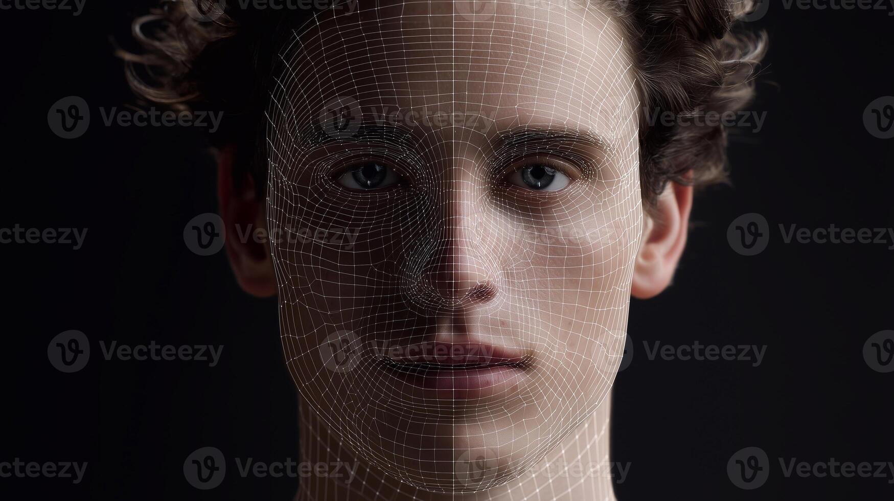High-resolution face of young man with facial recognition mesh. Concept of face scanning, biometric data, AI technology, digital identity, online dermatology, cyber security. photo