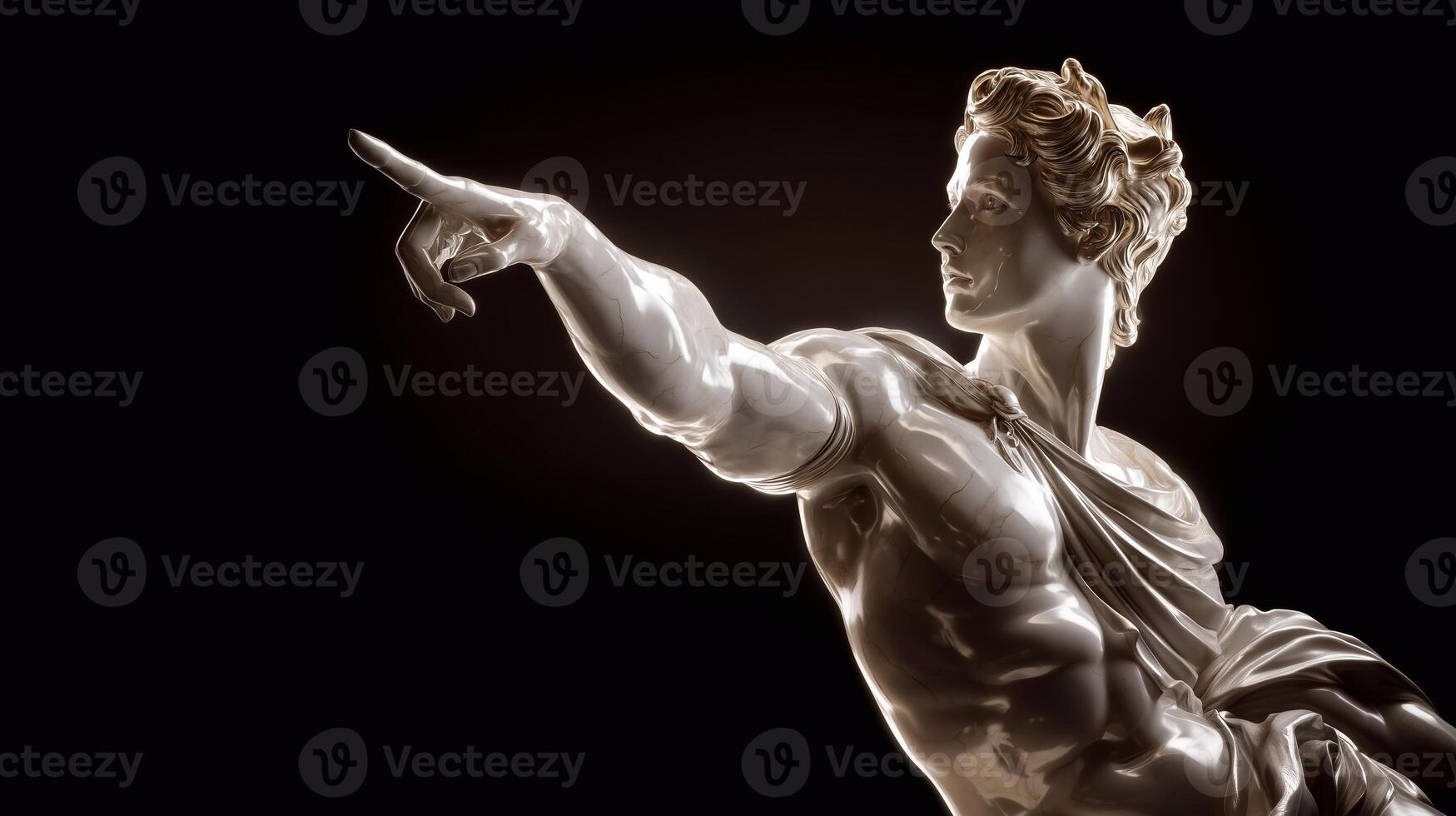 Elegant marble statue of a male figure with muscular body pointing forward. Classic sculpture with dramatic lighting on black background. Ancient art, strength, beauty and motion. photo