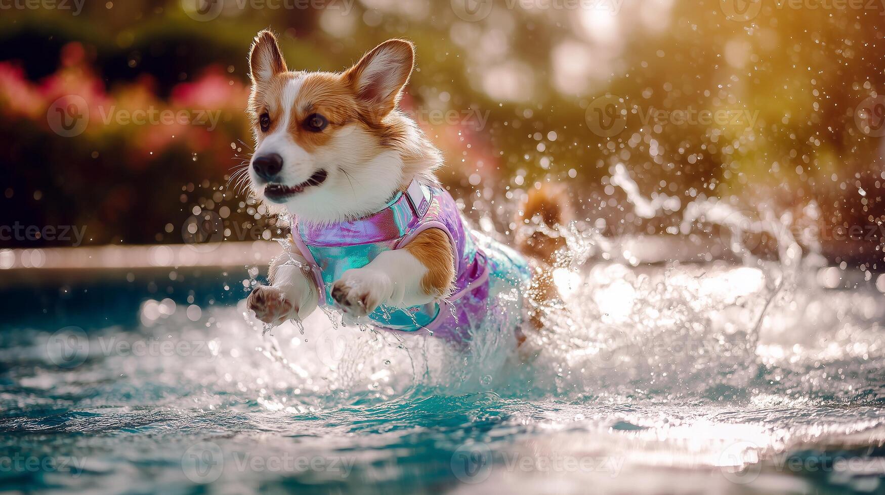 Happy corgi dog splashing in pool wearing shiny holographic vest. Playful summer moment with pet jumping in water at sunset. Energetic, cute, colorful and joyful outdoor scene. photo