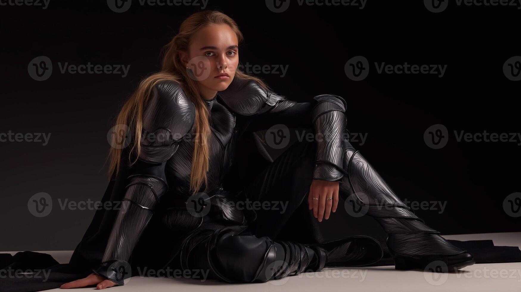 Stylish young woman in futuristic black armor-inspired fashion posing confidently on dark background. Strong, modern aesthetic perfect for editorial, sci-fi, and avant-garde concepts. photo