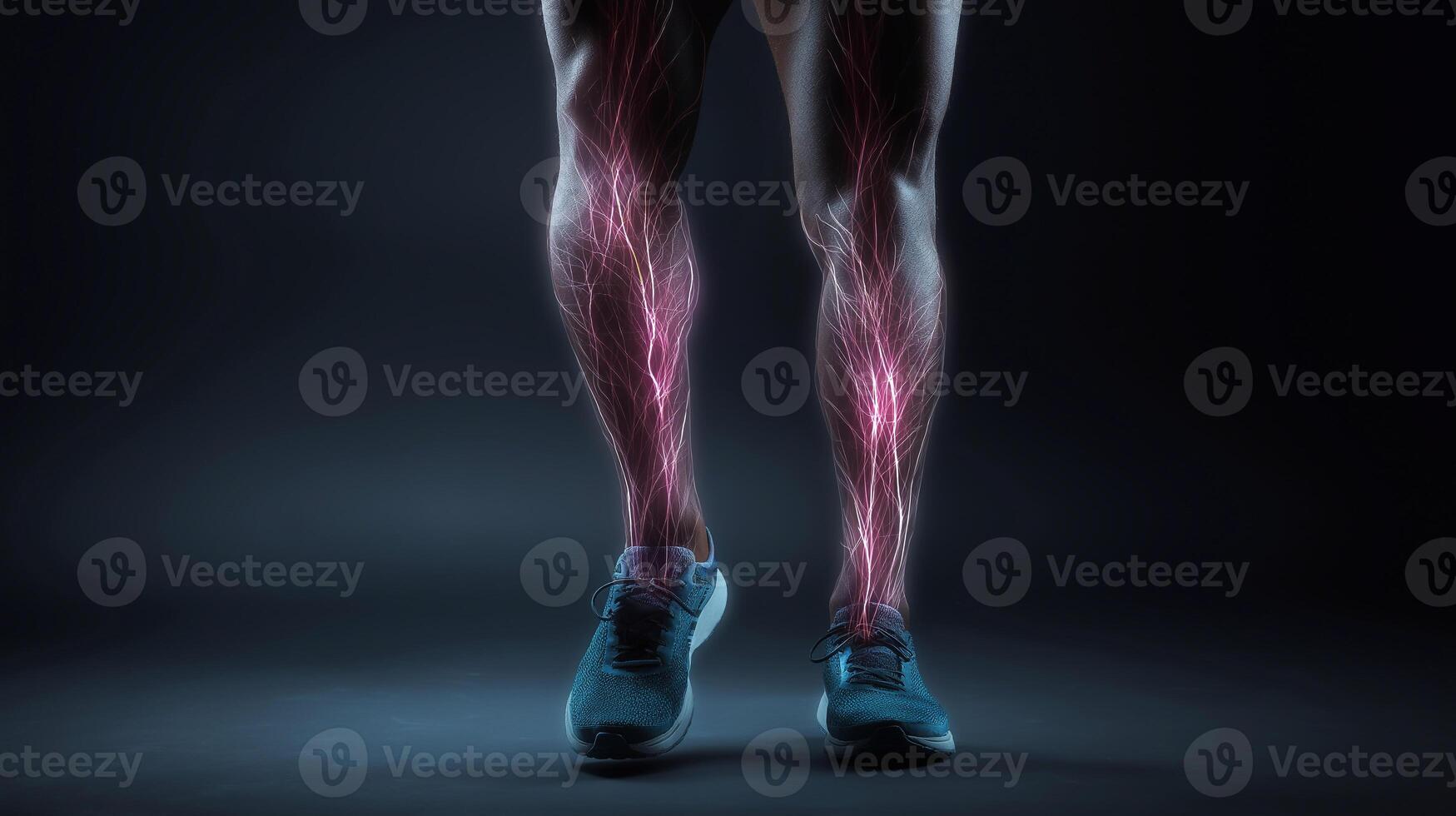 Male legs with glowing nerves and veins visualized, symbolizing restless leg syndrome, fatigue, swelling and varicose veins. Medical concept of vascular or nerve pain and poor circulation. photo