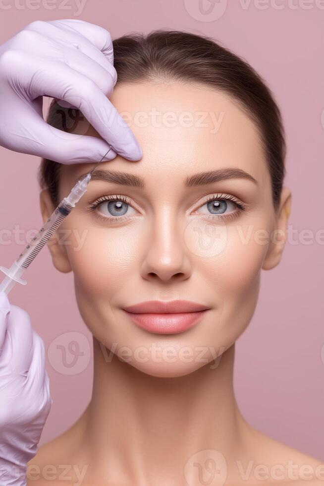 Young woman receiving cosmetic injection in forehead area. Professional aesthetic procedure for wrinkle reduction, skin smoothing and rejuvenation in modern skincare clinic. photo