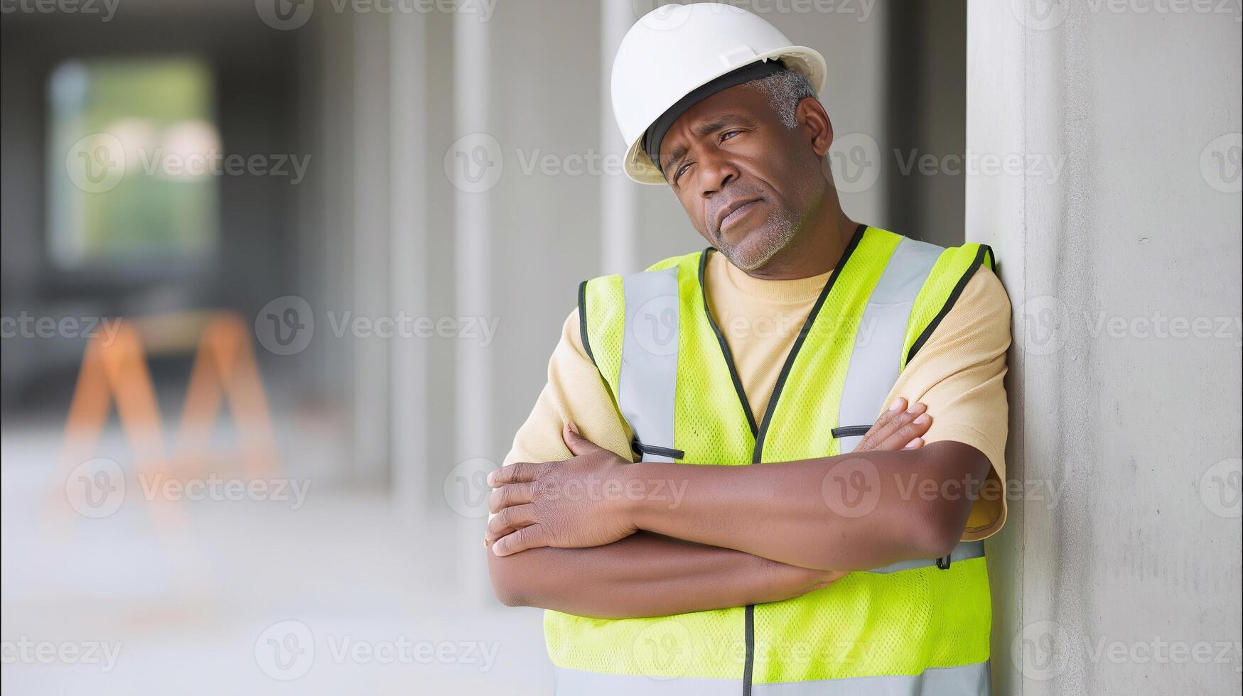 Construction worker in safety gear leaning against wall with a tired, stressed expression - reflecting workplace fatigue, burnout, and mental health issues in industrial jobs. photo