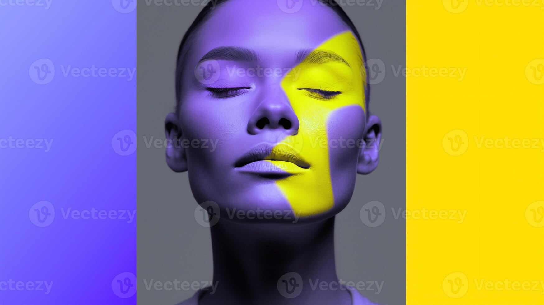 Abstract portrait of a serene woman with eyes closed, painted in purple and yellow tones. Symbolizes meditation, mental balance, aura energy, and emotional harmony in modern artistic style. photo