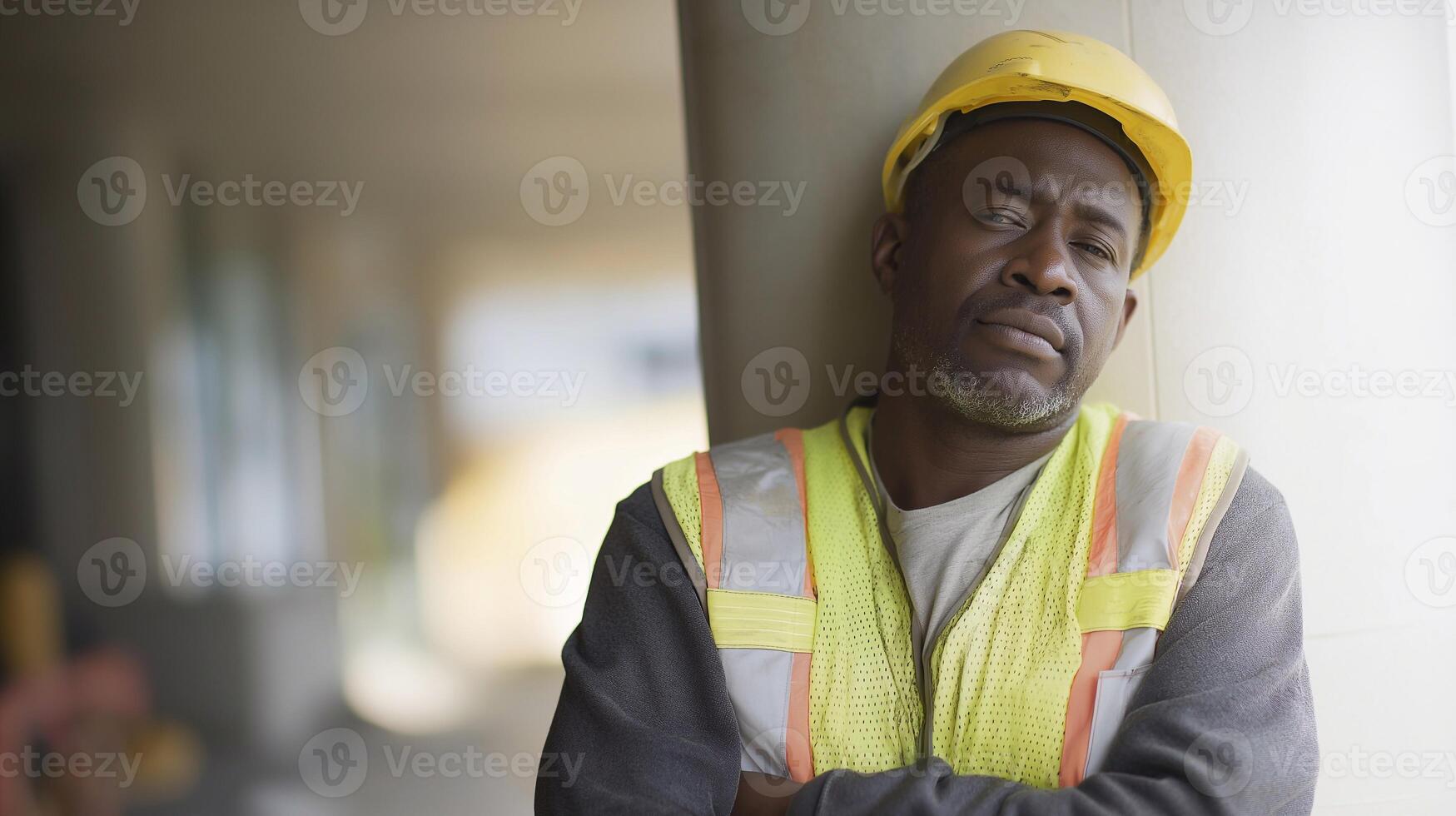Construction worker in reflective vest and hardhat looks emotionally drained, symbolizing work fatigue, job stress, and challenges in demanding labor-intensive professions. photo