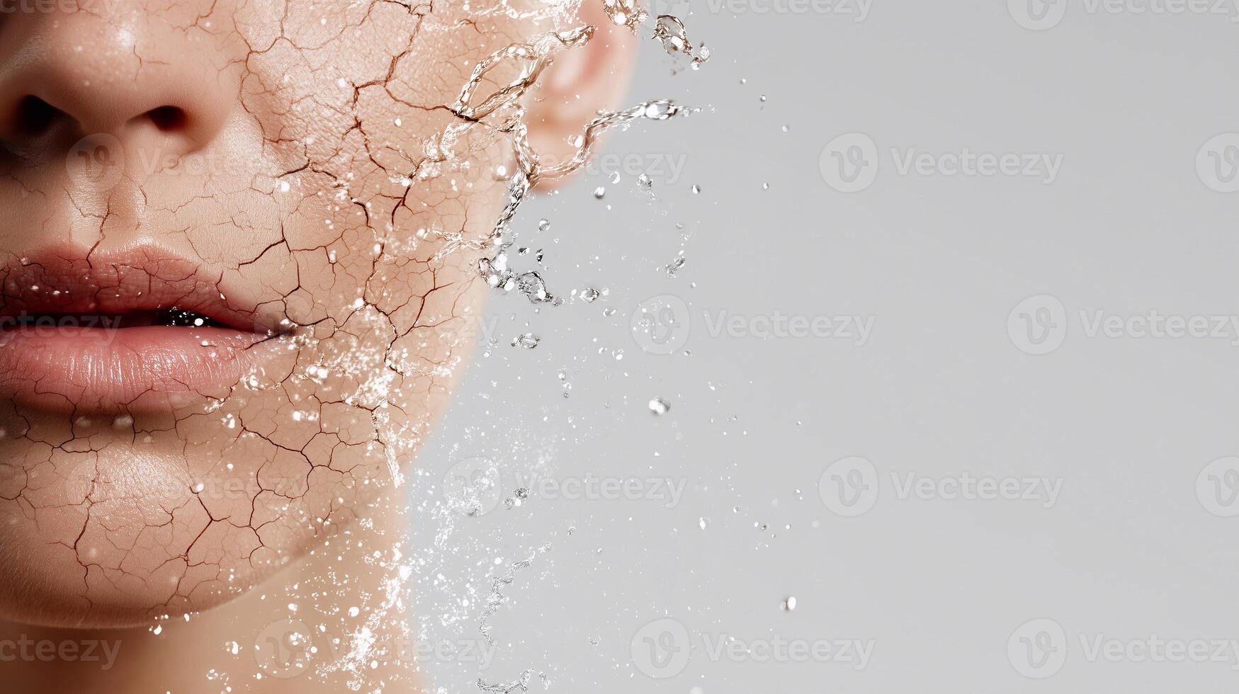 Conceptual image of facial hydration recovery with cracked dry skin transforming into fresh, moisturized texture. Beauty skincare, dermatology, anti-aging, and moisture balance concept. photo