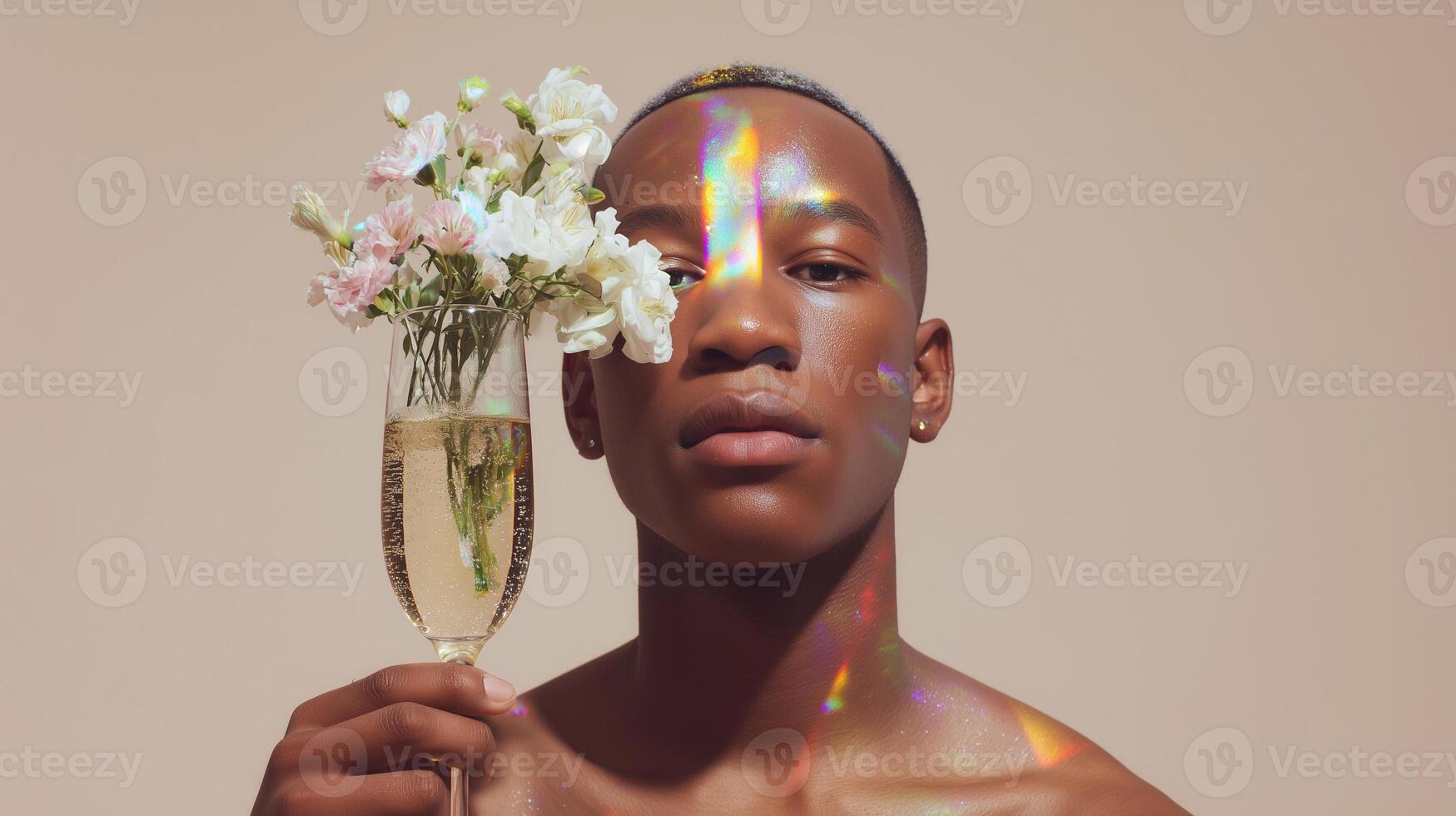 Black man with calm expression holding glass of sparkling wine with flowers inside, rainbow light on skin, symbolizing wine aroma, bouquet, tasting, elegance, and sensual atmosphere. photo