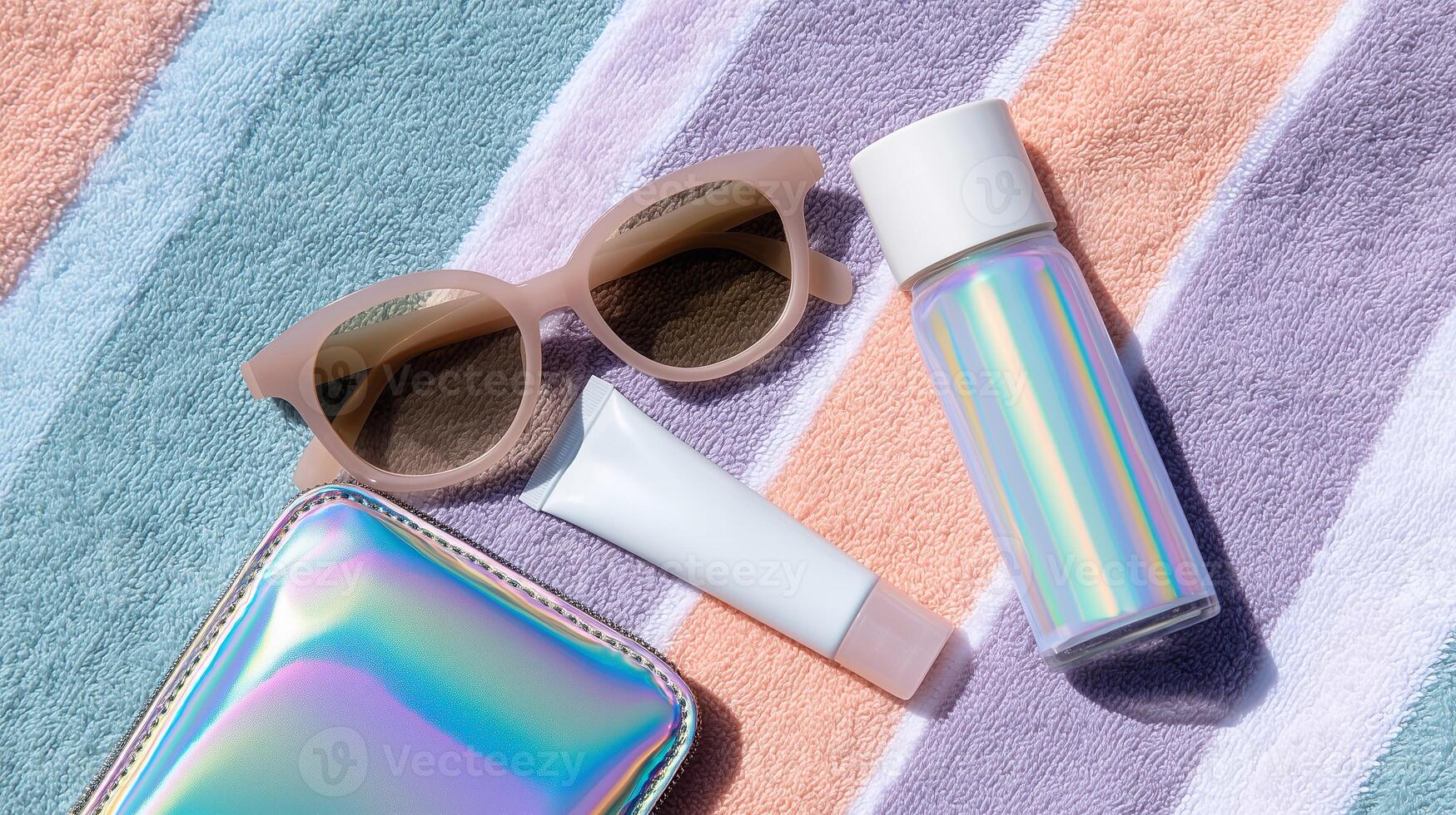 Flatlay of summer accessories with holographic details on striped towel, featuring pastel sunglasses, skincare, and elegant vibes in mermaid aesthetic, youth vacation, and beach energy. photo