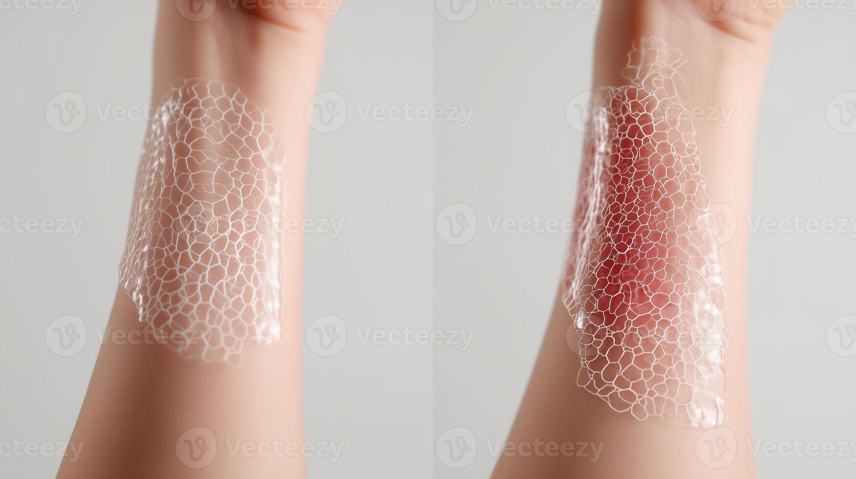 Artificial skin graft on human arm showing before and after healing stages, illustrating advanced biomedical technology in tissue regeneration and wound recovery treatment. photo