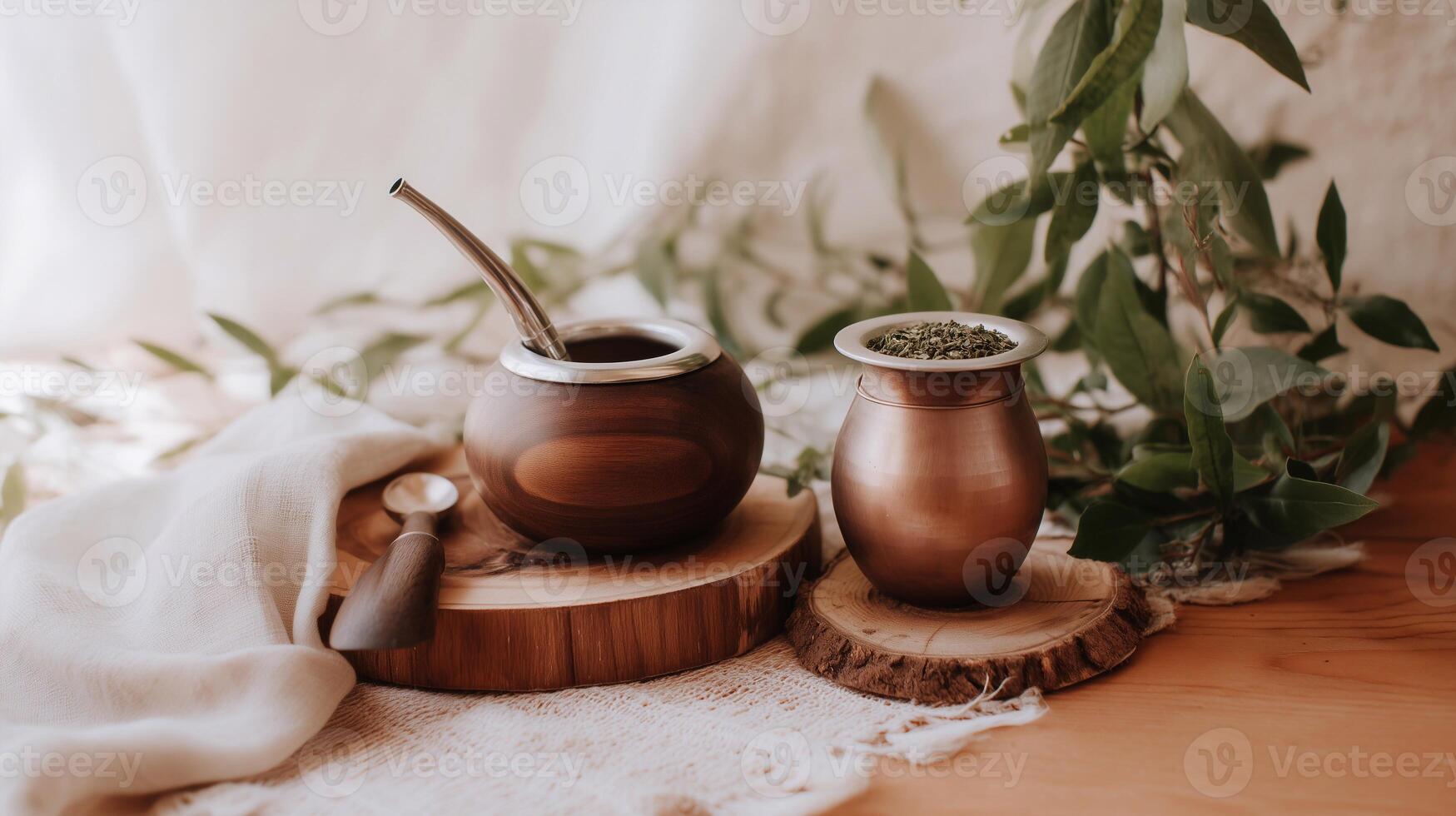 Traditional yerba mate tea scene with calabash gourds, bombilla, and dried mate leaves. Warm rustic setup with wood, fabric, and natural greenery in soft daylight. photo