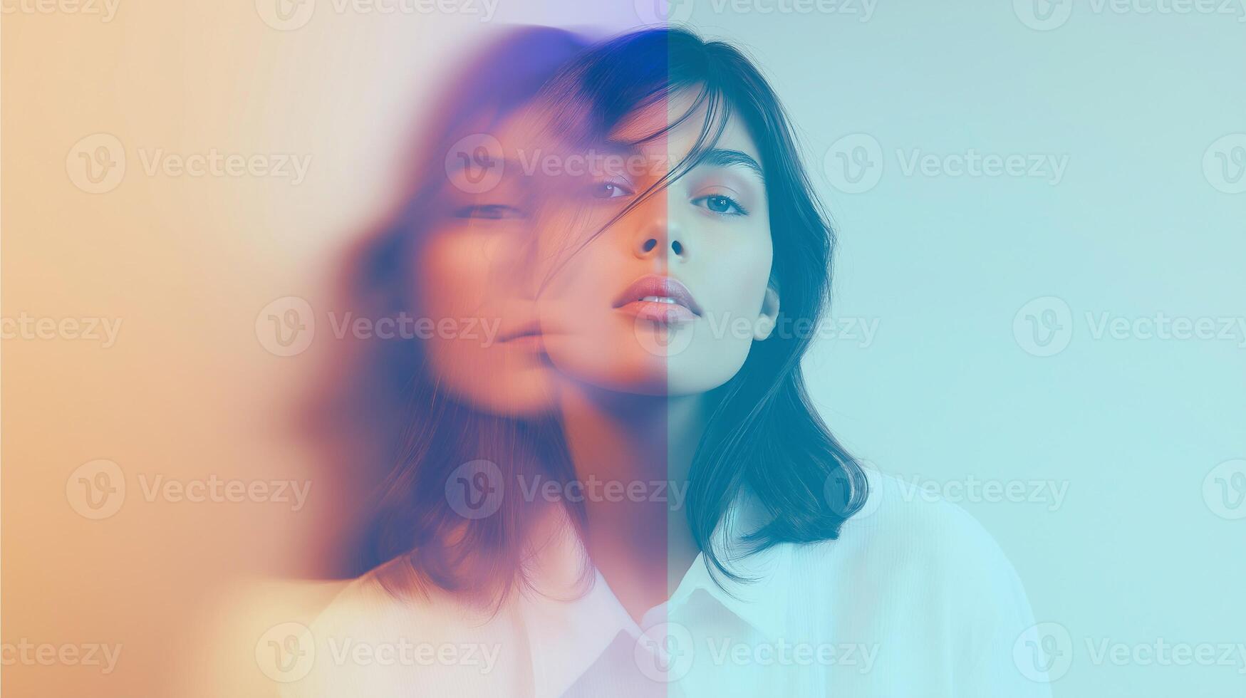 Conceptual portrait of a young woman with blurred dual exposure and color aura, symbolizing mental health, emotional balance, inner world, and psychological introspection. photo