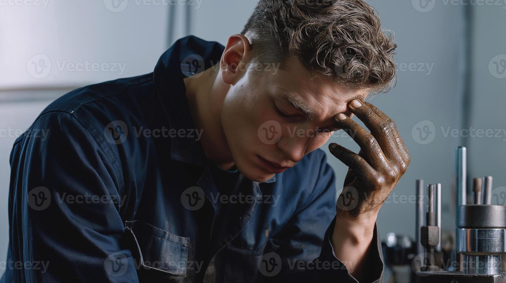 Tired mechanic in uniform showing stress and frustration at work. Greasy hands, industrial setting, emotional burnout and workplace fatigue in heavy industry environment. photo