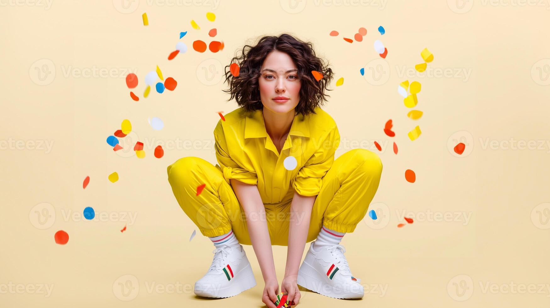 Energetic woman in yellow jumpsuit crouching with colorful confetti flying around, expressing dynamic party vibes, youth celebration, and playful modern style on beige background. photo