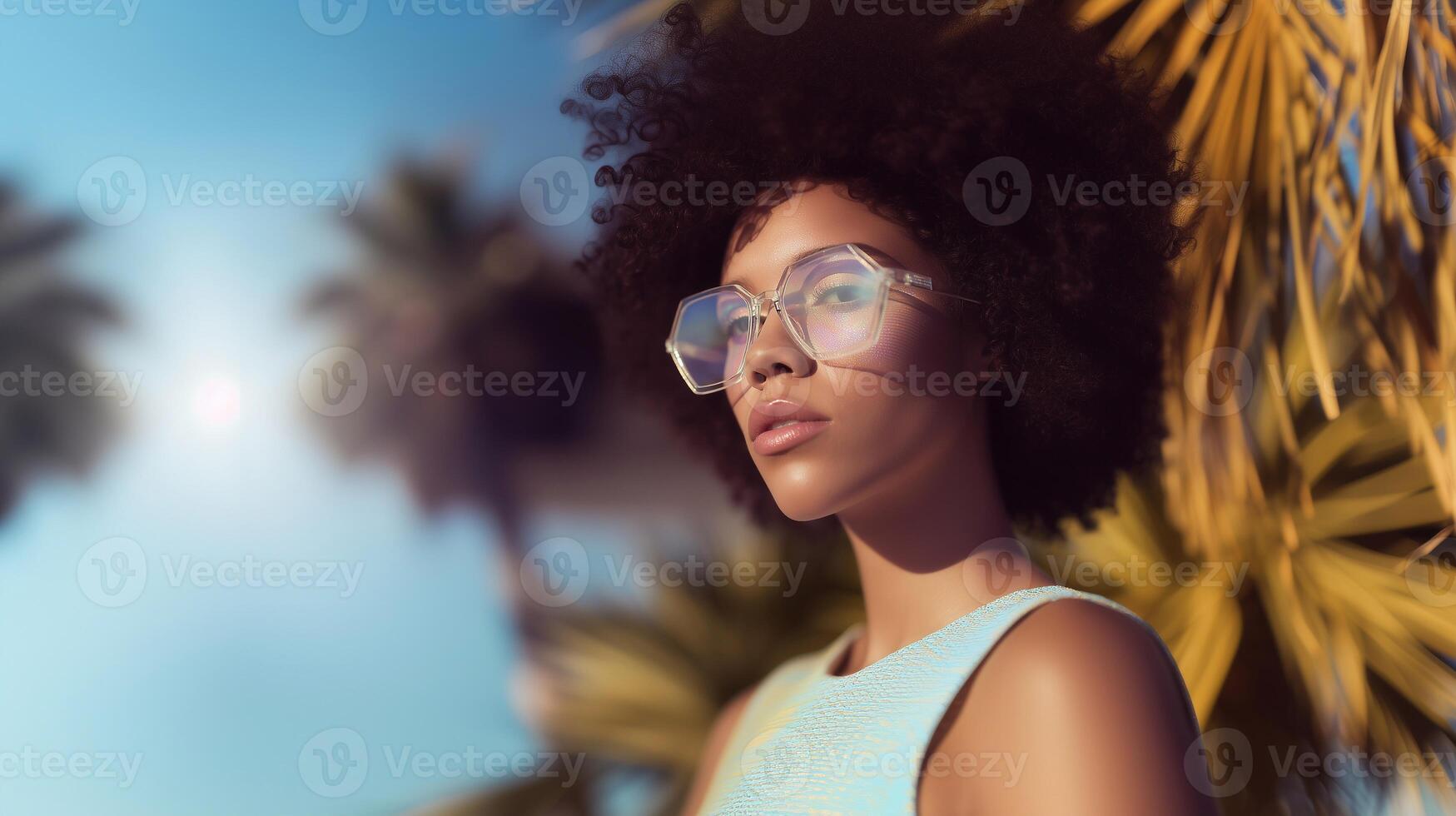Stylish young woman in pastel outfit and holographic sunglasses under palm trees, enjoying sunny summer vibes, glowing skin, cool attitude, tropical mood, Gen Z vacation aesthetic. photo