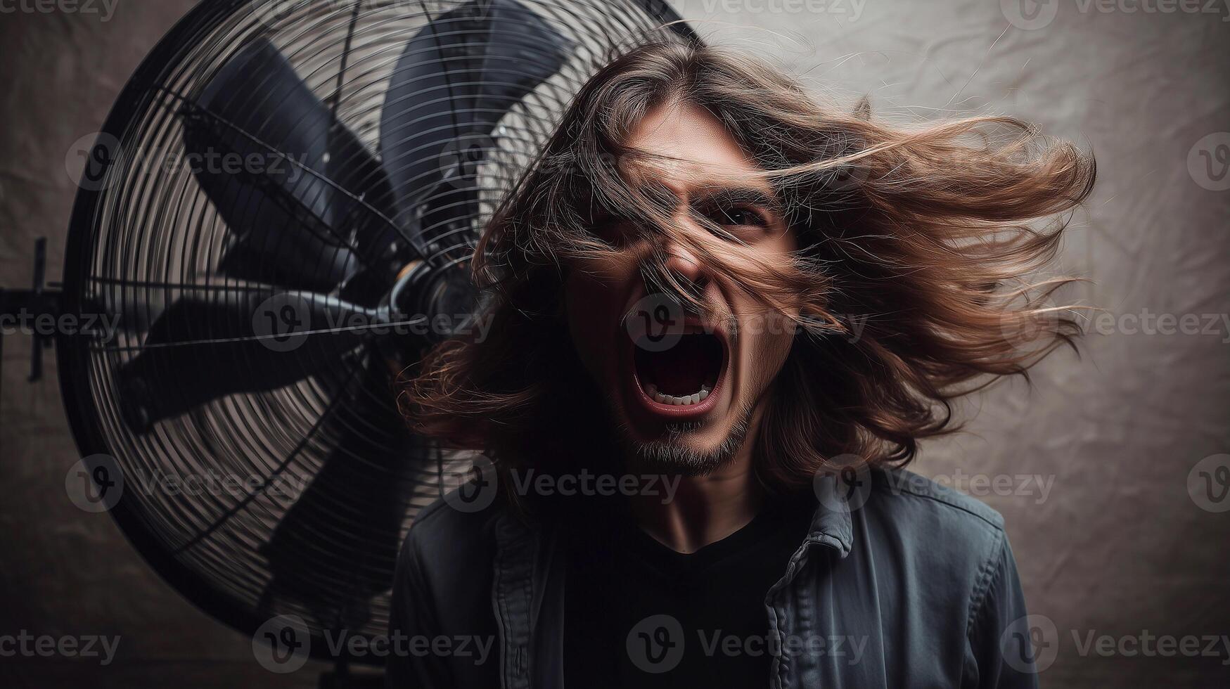 Emotional man screaming with hair blown by a large fan, expressing rage, chaos, and energy in dramatic lighting and motion, symbolizing mental overload or inner storm. photo